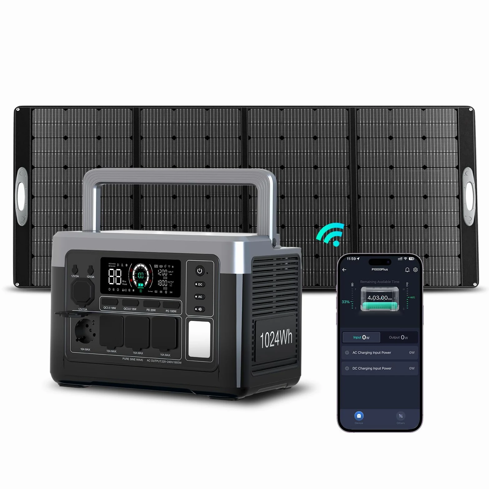 OUKITEL P1000PLUS Estación de Energía Portátil 1800W(Máxima 3600W) con 200W Panel Solar, Generador Solar con Batería LiFePO4 1024Wh, Carga Rápida de 1200 W, con Control Mediante APP