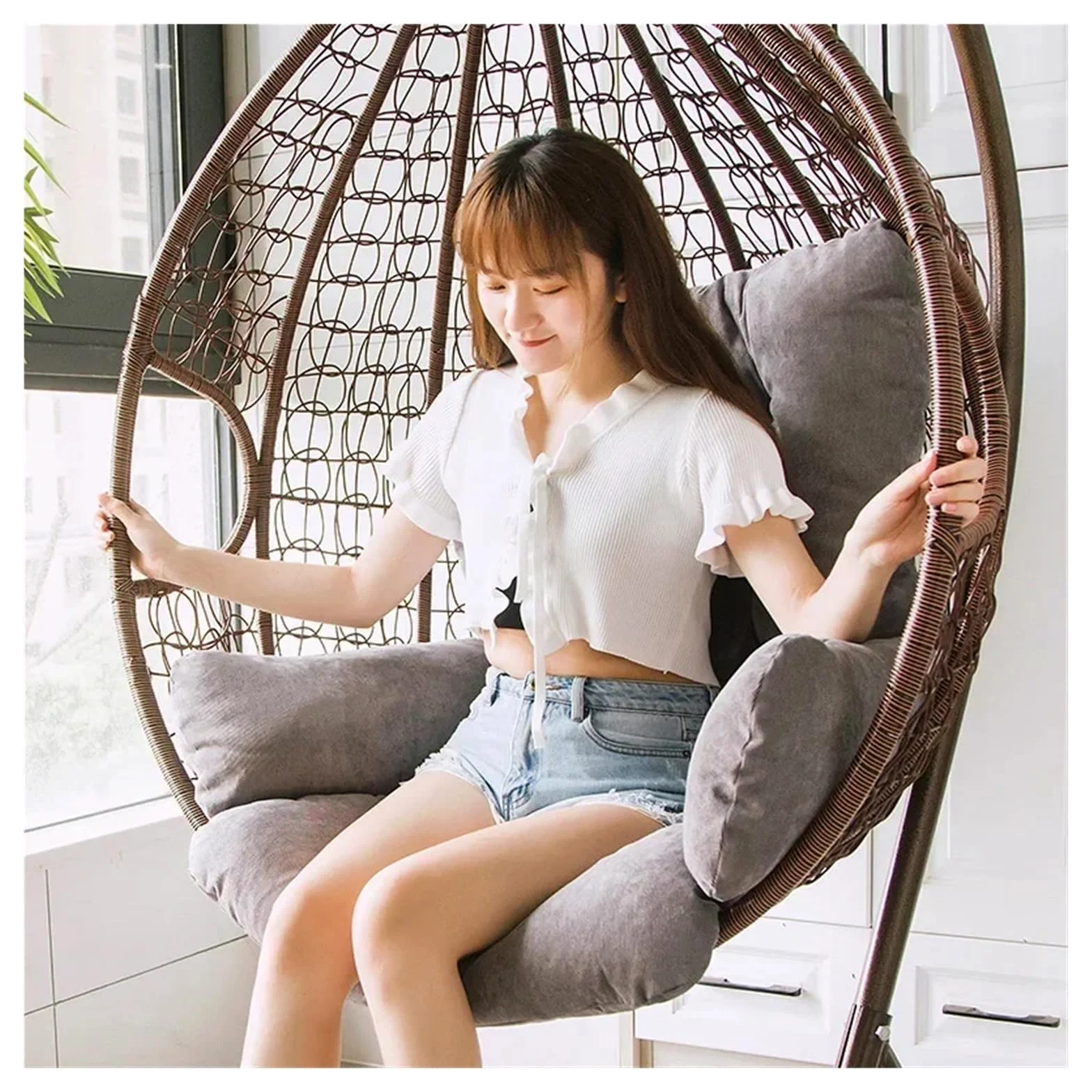 Funda para silla colgante de huevo de 50 x 125 cm, diseño de vid Slish Vine, extraíble con estampado gris, ideal para interiores y exteriores