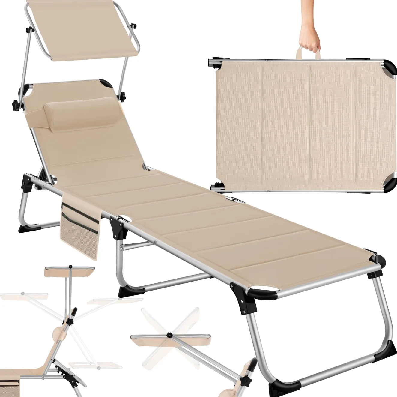 tectake® Tumbona Jardín Exterior de Aluminio, Tumbona Plegable con Reposacabezas, Parasol y Bolsillo Lateral, Playa Reclinable en 6 Posiciones, Resistente a Intemperie - Beige