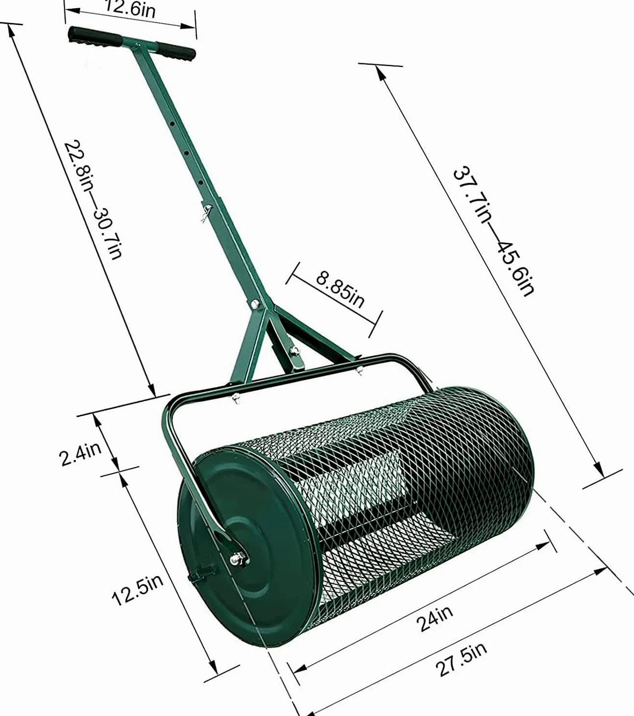 Esparcidor de turba, esparcidor de abono de 24”, esparcidor de turba, esparcidor de abono para césped y jardín con Mango Ajustable en Forma de T para Plantar y sembrar, Verde