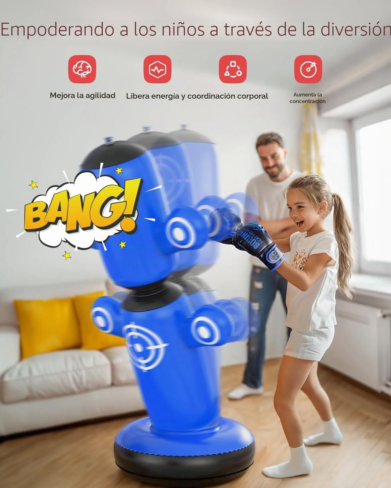 Saco de boxeo giratorio de 360° para niños, bolsa de 64 pulgadas con guantes, bomba y 6 objetivos, inflable