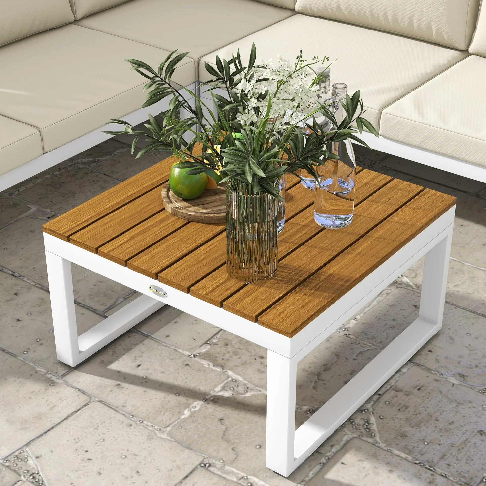 Outsunny Conjunto de Muebles de Jardín Exterior 4 Piezas Juego de Muebles de Terraza Incluye 2 Sofás Dobles 1 Sofá Esquinero Reclinable y Mesa de Centro Mesita Lateral con Cojines para Patio Crema