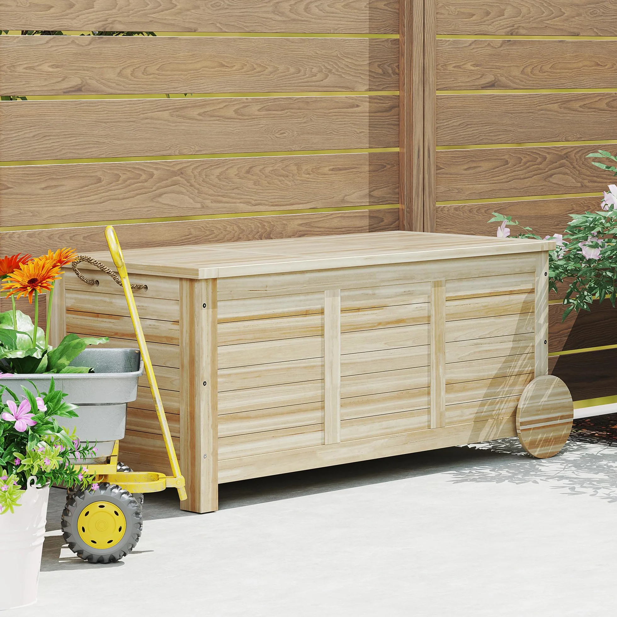 Outsunny Baúl de Almacenaje Exterior 185L, Arcón de Jardín de Madera con Tapa Abatible, 2 Ruedas, Bisagras Metálicas, Cuerdas de Lino y Forro Interior, 110x50x50 cm, Natural