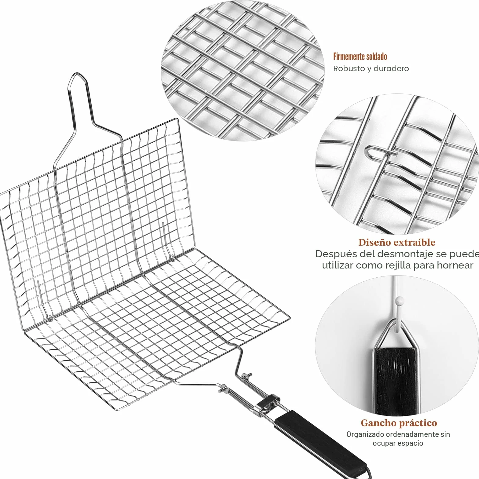 Cesta para Asar Pescado y Verduras - Bandeja de Barbacoa de Acero Inoxidable, Plegable, Portátil - Con Bolsa Oxford y 2 Cepillos de Silicona