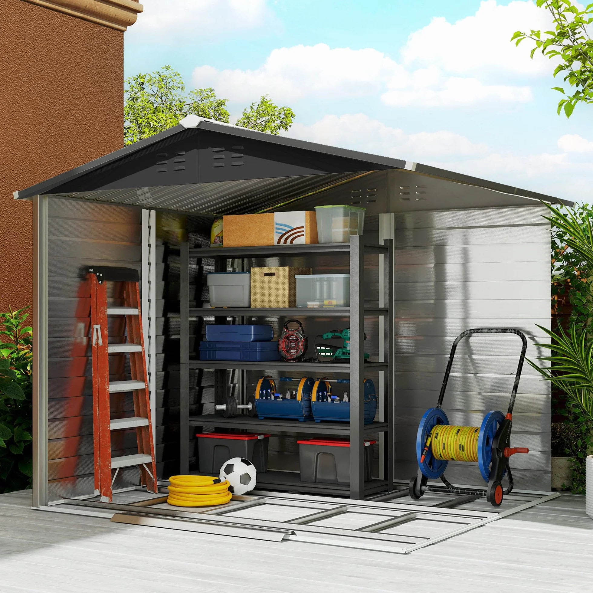 Outsunny Caseta de Jardín Exterior 4,4 m², 240x206x198 cm, Cobertizo de Jardín Exterior Metálico con Base Refuerzo (Suelo NO Incluido), Puerta Corredera con Cerradura y 4 Ventanas para Patio, Teca