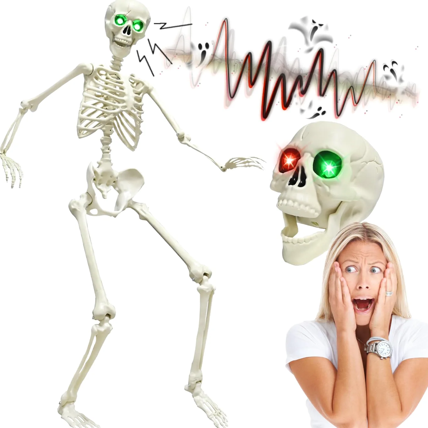 Esqueleto de Halloween de 165 cm, esqueleto de cuerpo completo con capa negra, huesos humanos de tamaño real para Halloween, patio delantero, patio, césped, jardín, accesorios de decoración de fiesta