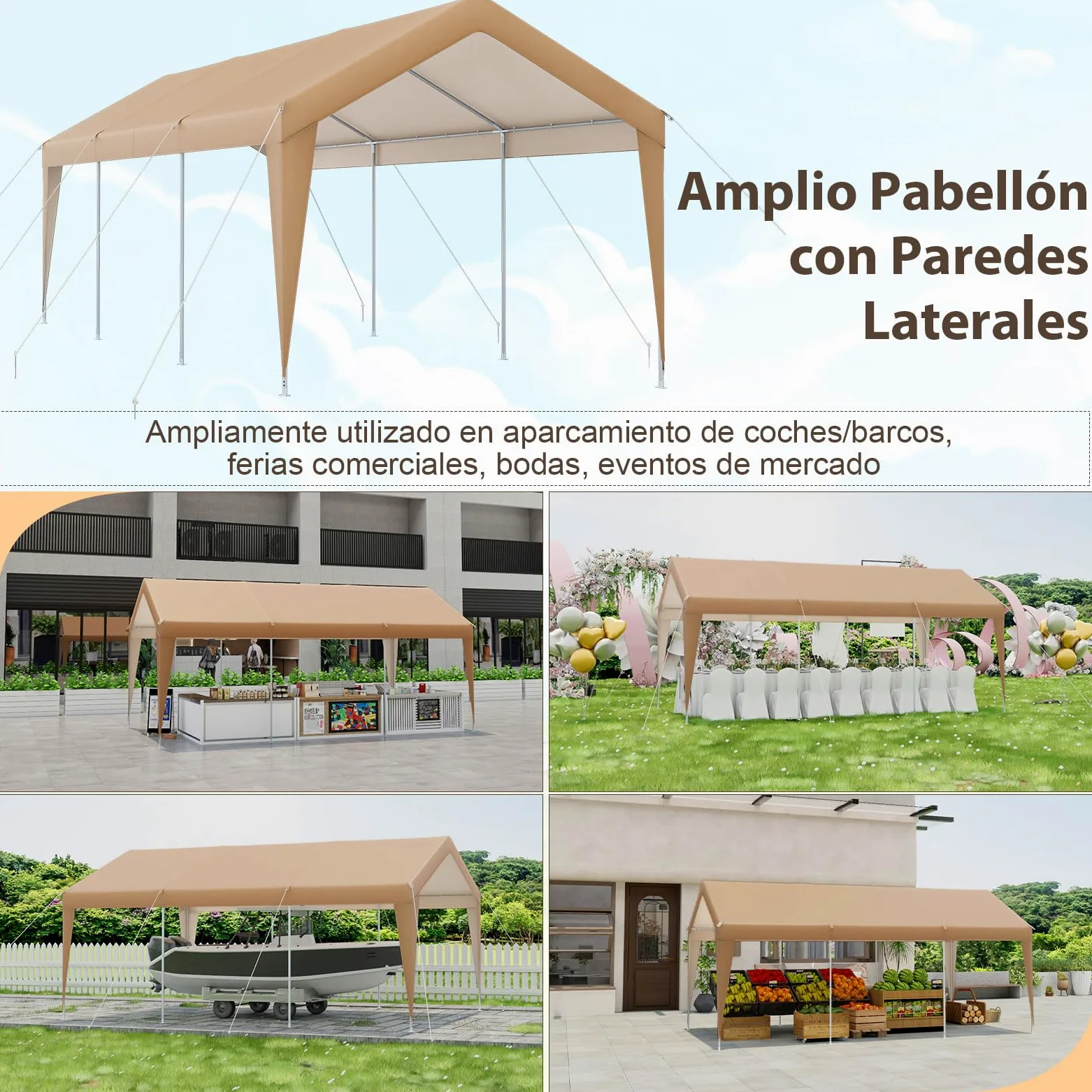 COSTWAY Carpa de Garaje Portátil 3x6m Estructura Metal Galvanizado Lona Exterior Coche Barco Fiesta