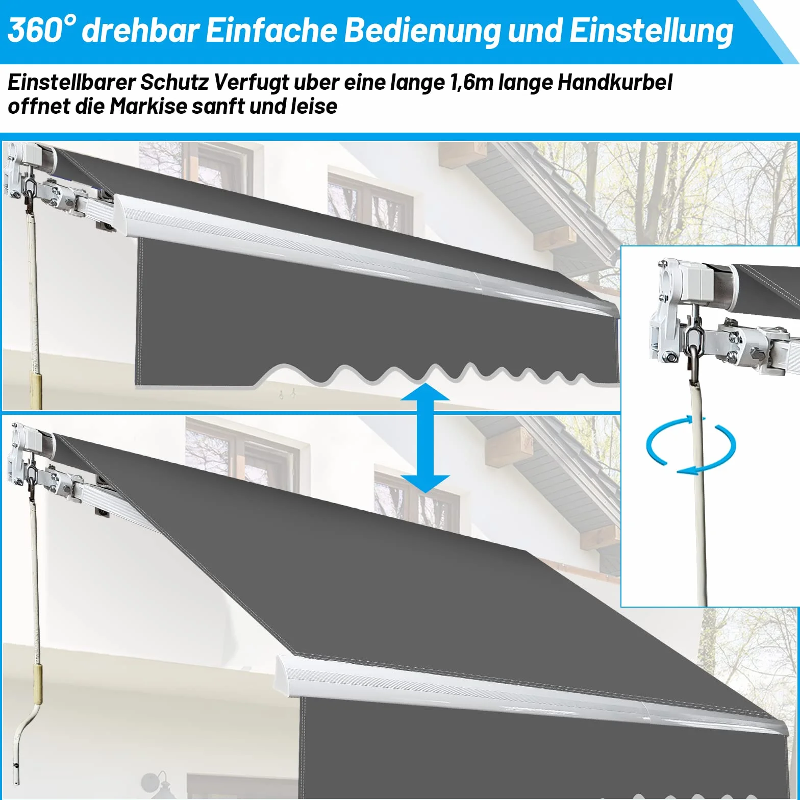 Herrselsam Toldo con brazo articulado, 300 x 250 cm, toldo retráctil con manivela, protección solar contra el agua, ángulo ajustable hasta 30 grados, requiere montaje, incluye soporte de pared, color