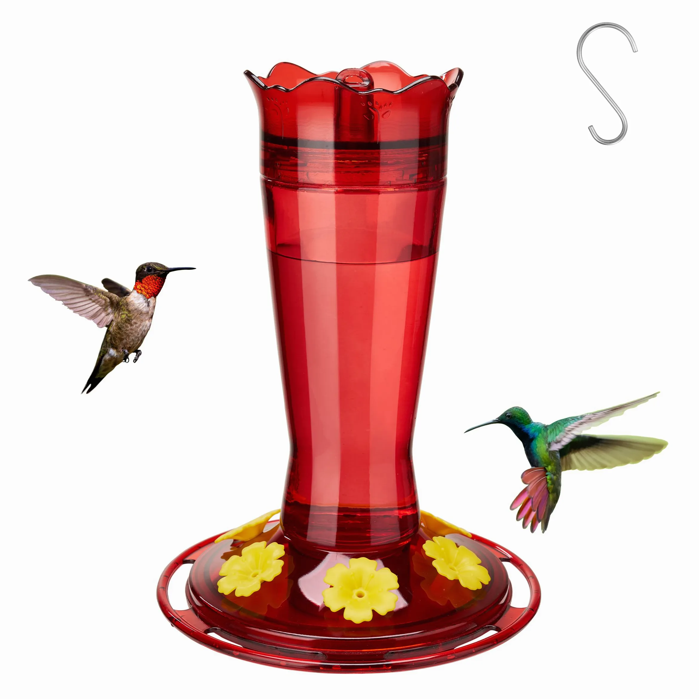 Kingsyard Comedero de colibrí de vidrio para colgar al aire libre, 6 puertos de alimentación de protección de abejas y foso de hormigas integrado, comedero de pájaros silvestres para jardín exterior,