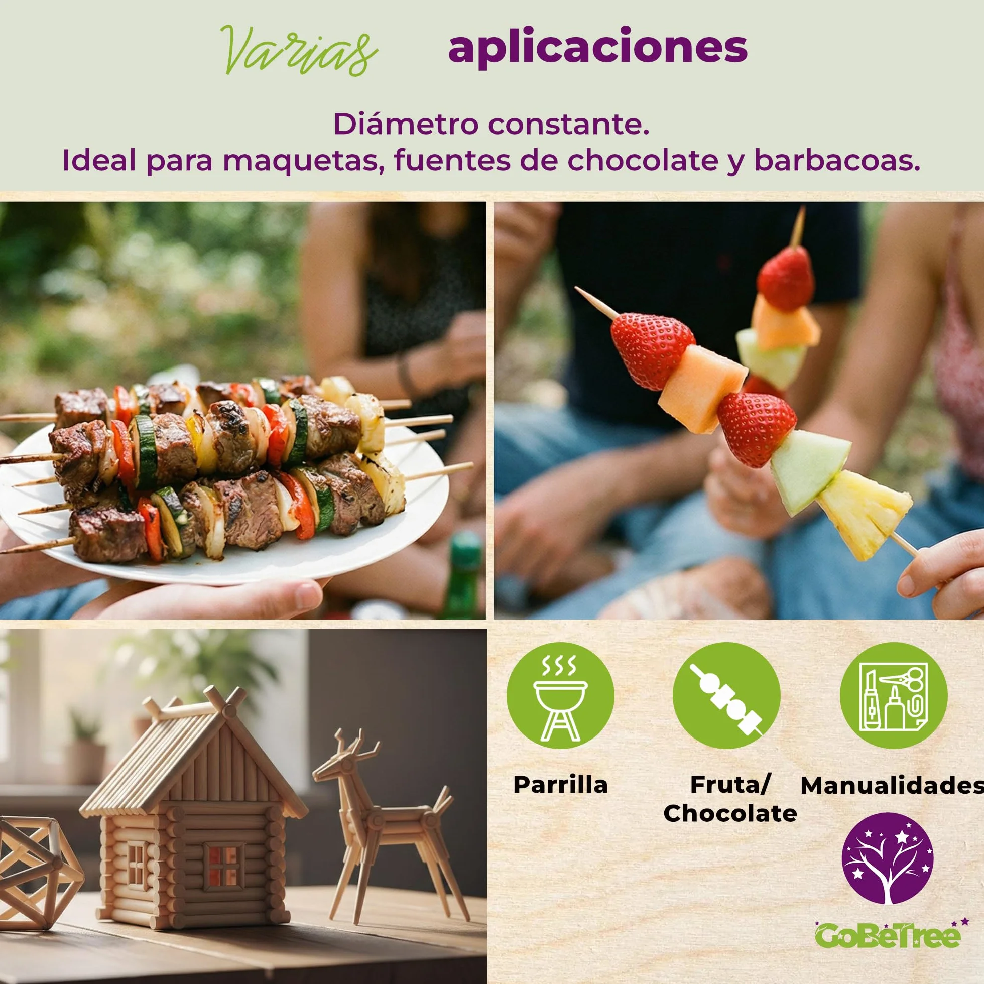 100 Pinchos de Madera de Abedul 15 cm x 2,5 mm | Palillos Extra Resistentes para Brochetas, Barbacoa, Carne y Frutas | Palos Ecológicos Multiusos para Manualidades