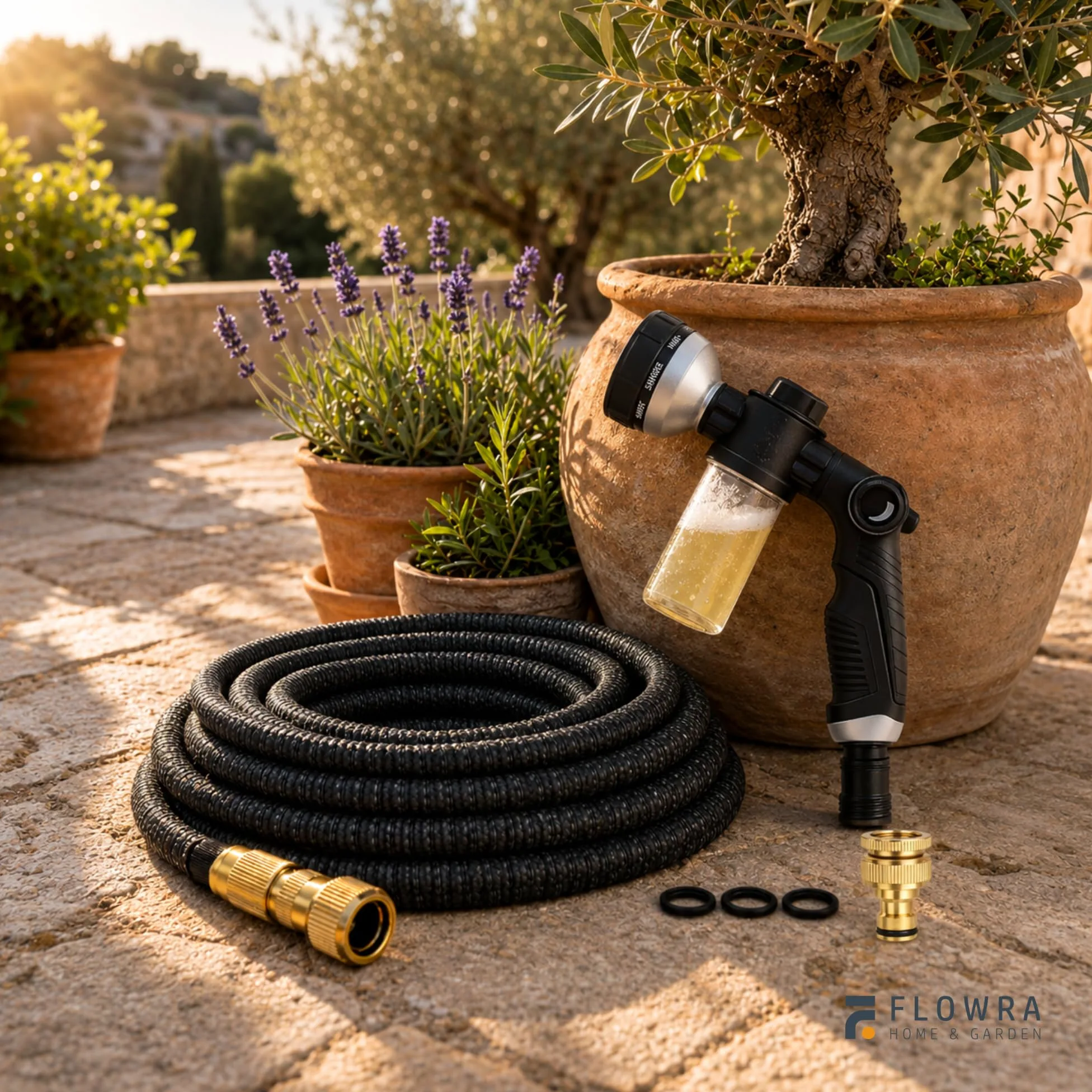 Manguera extensible de 15 metros, manguera jardin extensible de poliéster resistente 3300D, con conectores de latón y pistola con depósito de jabón, incluye set con colgador y bolsa de almacenaje