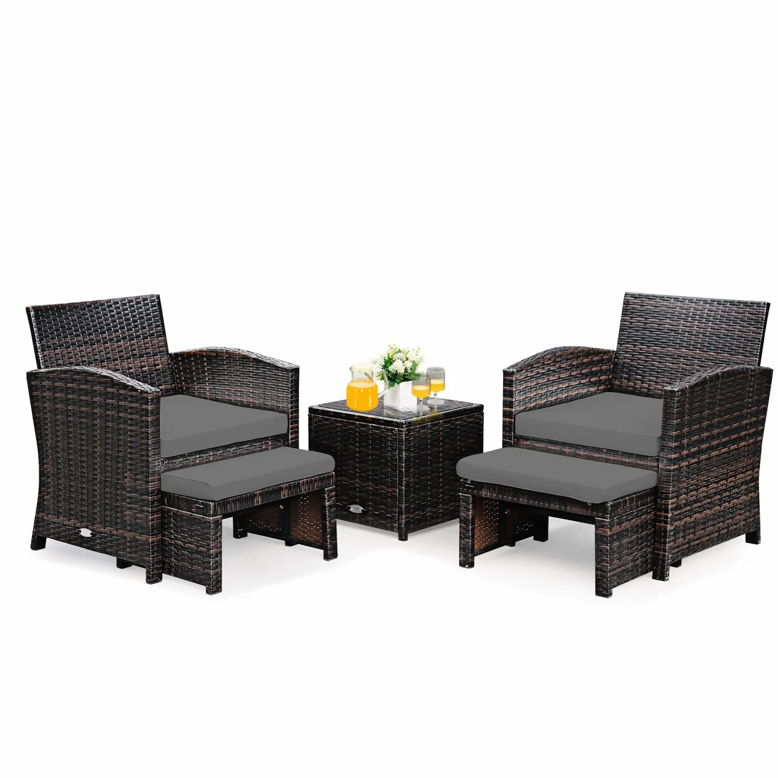 GOPLUS Mobiliario de jardín de 5 piezas, de ratán sintético, conjunto de muebles de jardín compuesto por 1 mesa, 2 sillas y 2 otomanas, cojines con funda extraíble y lavable, bar, terraza (gris)