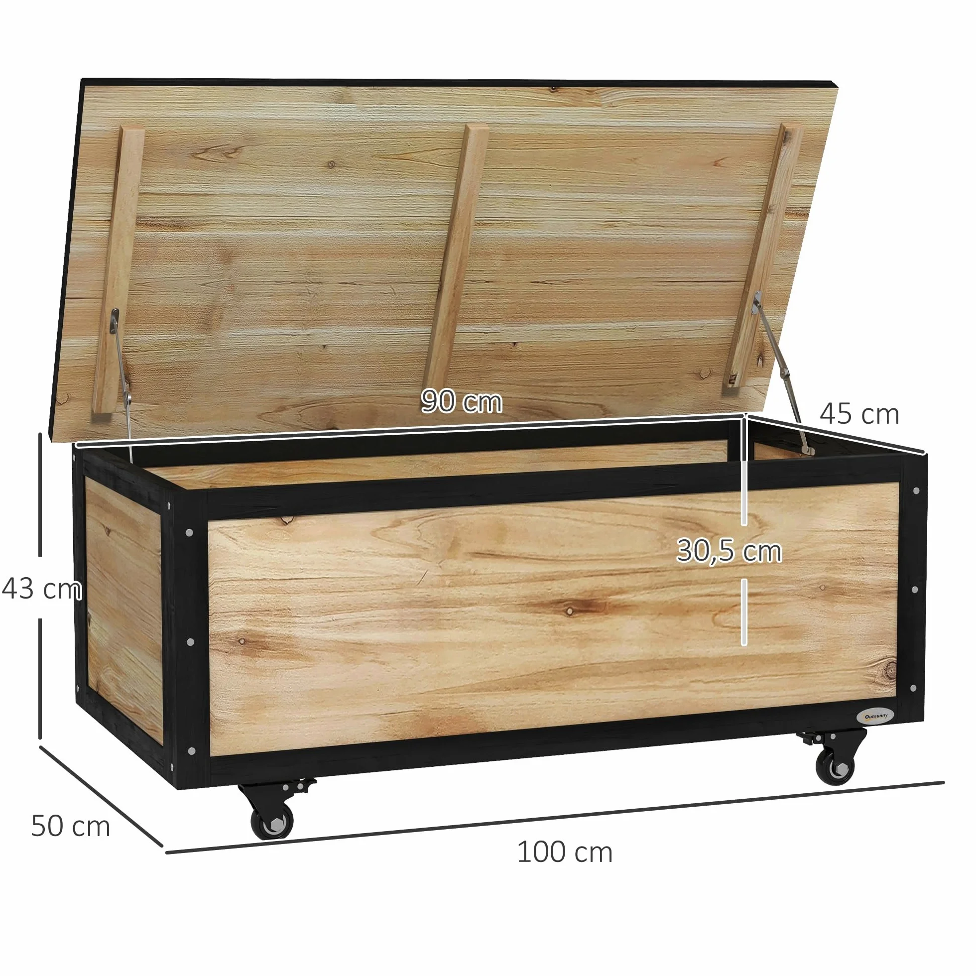Outsunny Baúl de Exterior 121L Arcón Almacenaje de Madera con 4 Ruedas para Jardín Patio Balcón 100x50x43 cm Natural y Negro
