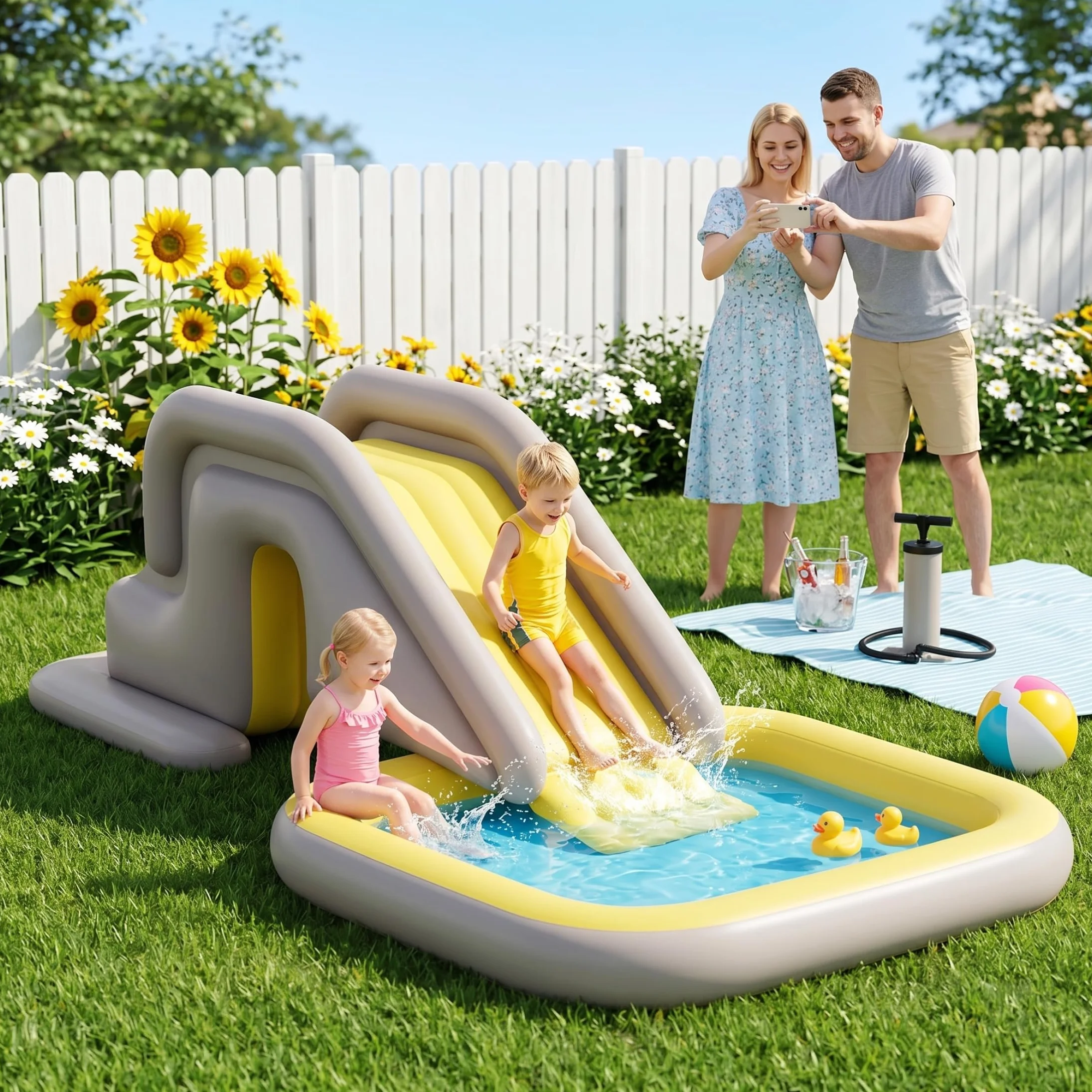 Tobogán inflable para piscina, tobogán para piscina con amplia base rellenable con agua: fácil instalación y almacenamiento de PVC para interiores y exteriores para niños adultos (caqui, con bomba