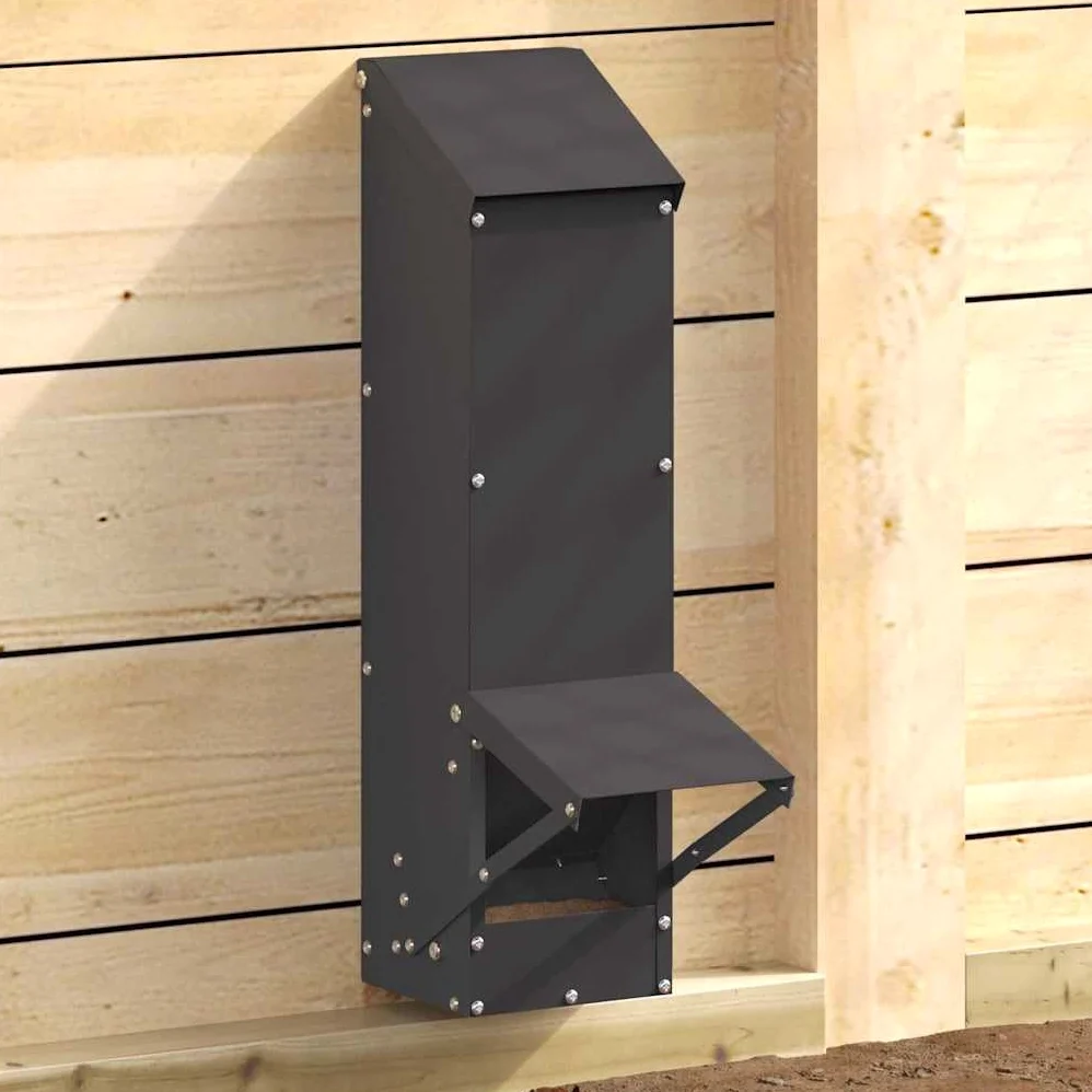 Comedero de pollo negro de acero laminado en frío, 13 x 12 x 51 cm, capacidad de 5 kg, resistente a la intemperie, con techo, para establo y jardín, práctico comedero para aves de corral