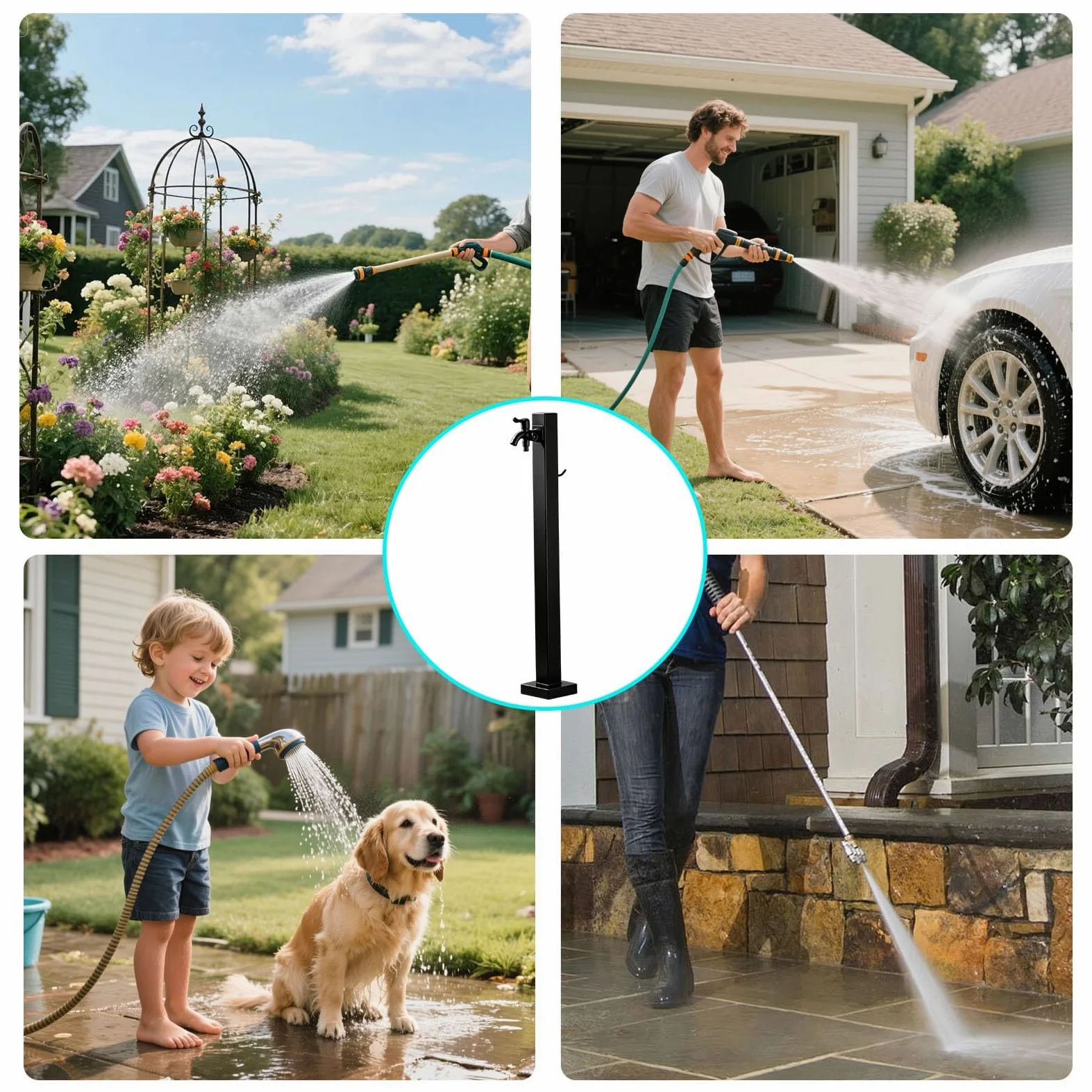 Grifo de agua para jardín columna de agua para exteriores, grifo entrada doble y estante manguera, hidrante de jardín, grifo con espiga exteriores de acero inoxidable(Estilo 1,Height: 95cm/37.4in)