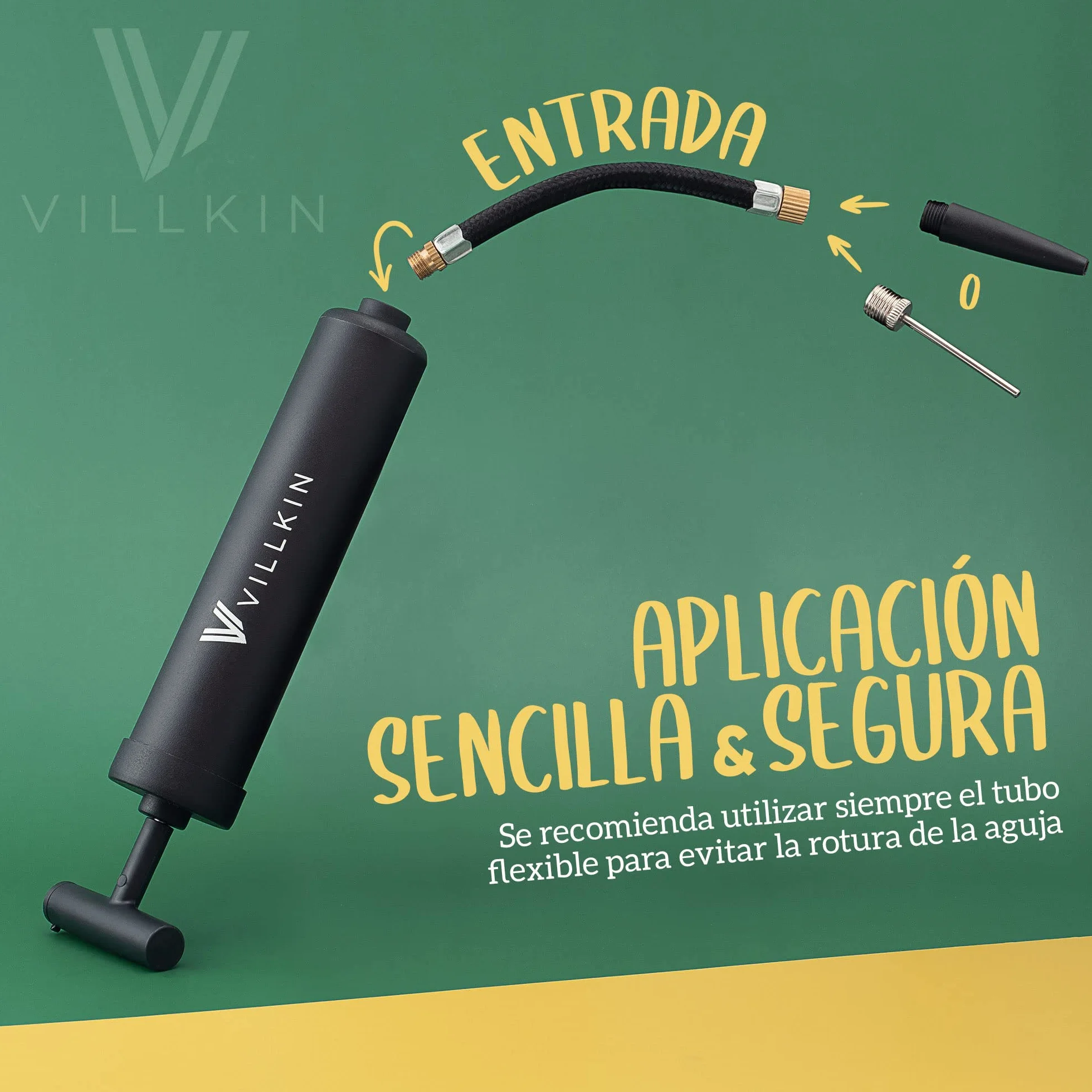 Villkin Inflador para Pelotas con 4 Agujas de Metal, 2 Boquillas de Plástico, Manguera Flexible - Negro