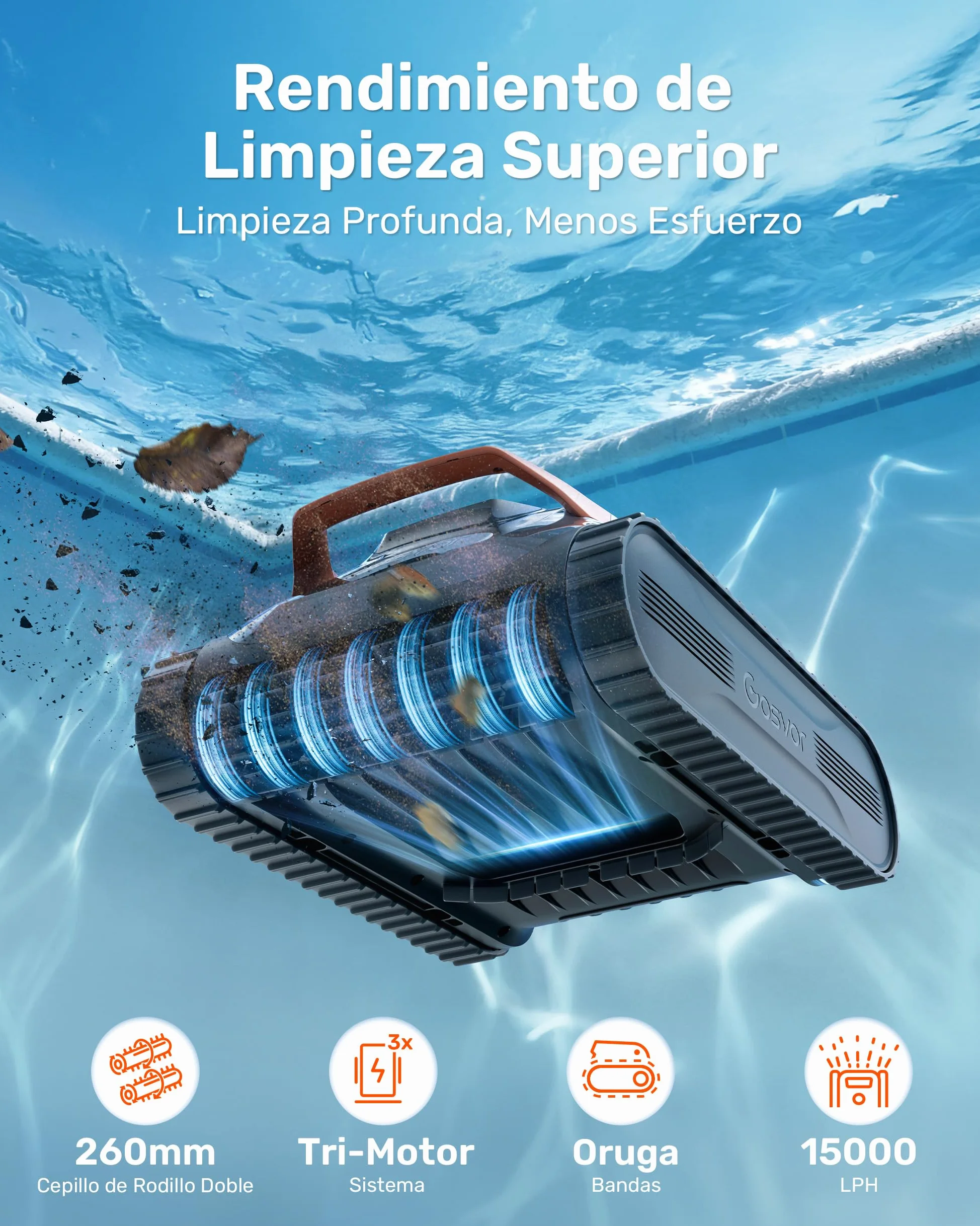 Gosvor (Nuovo 2026) Robot Piscina Limpiafondos y Paredes, Doble Filtración, Planificación Inteligente Rutas, 5 Modos, Control App, 200Min Autonomía, Línea Agua y Zona Poco Profunda,Gris Naranja