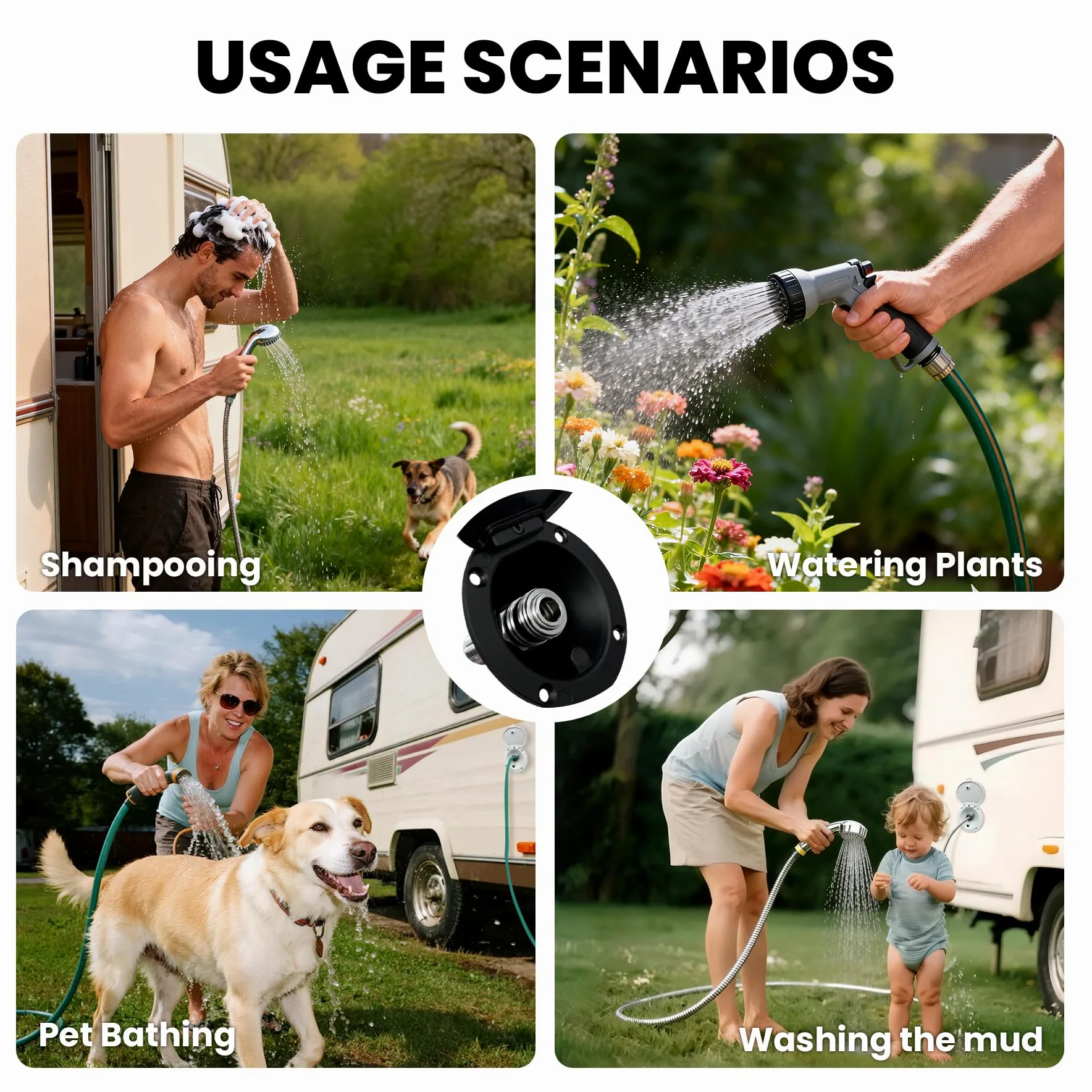 Puerto de pulverización de conexión rápida totalmente metálico para RV con adaptadores G1/2 pulgadas y GHT de 3/4 pulgadas, conexión de agua exterior para caravana y remolque, conector rápido de acero