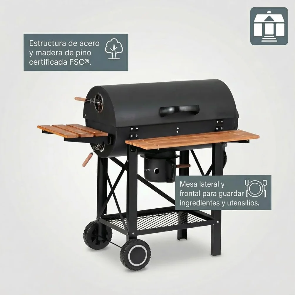 Tarrington House Barbacoa de Carbón Louisiana, Acero/Madera, Mesas Plegables, con Ruedas, Estantería Inferior, Negro