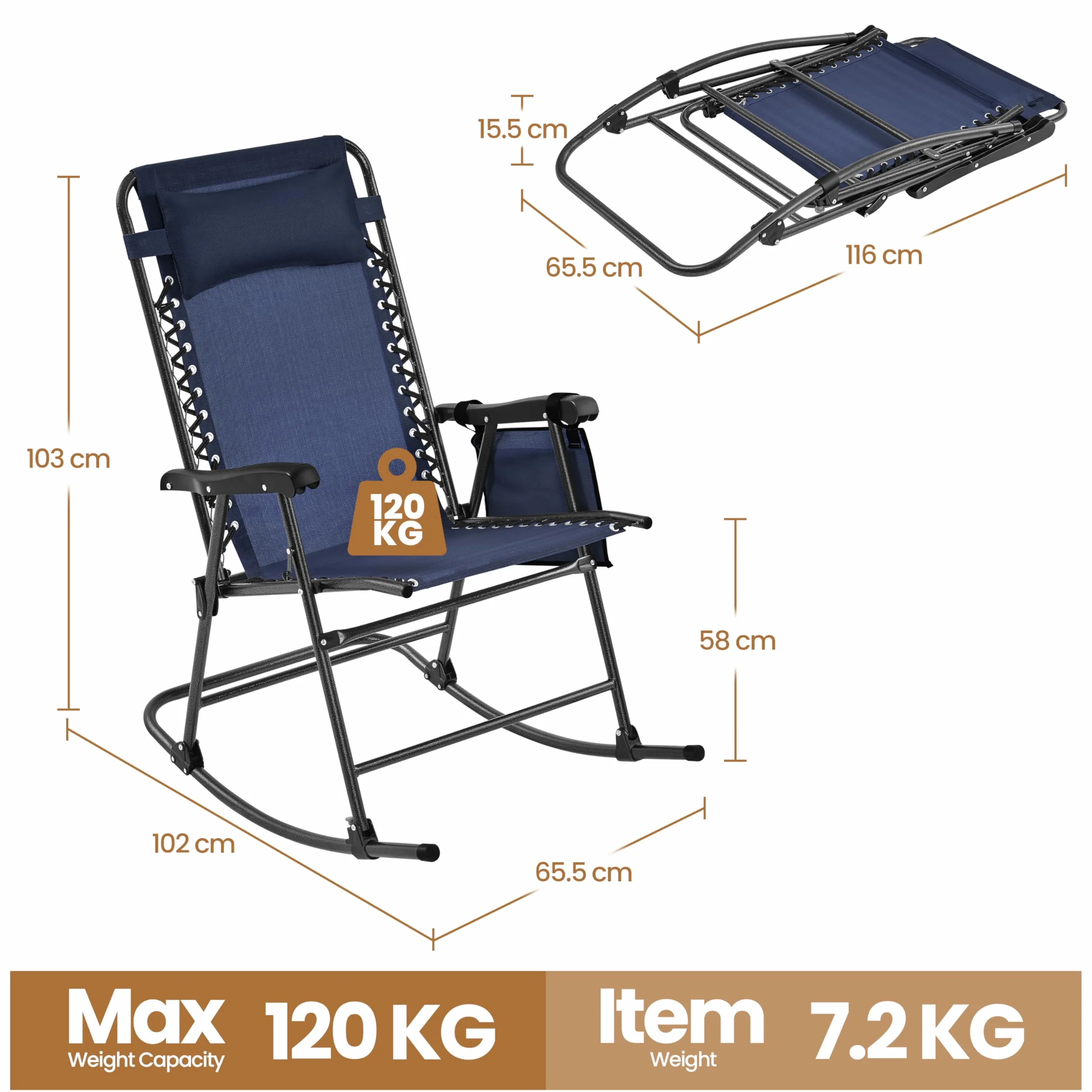 Yaheetech Mecedora Balancín Plegable Carga 120KG con Reposabrazos y Apoyo para Cabeza 102x65,5x103 cm para Exterior Acampar Porche Balcón (Azul Marino)
