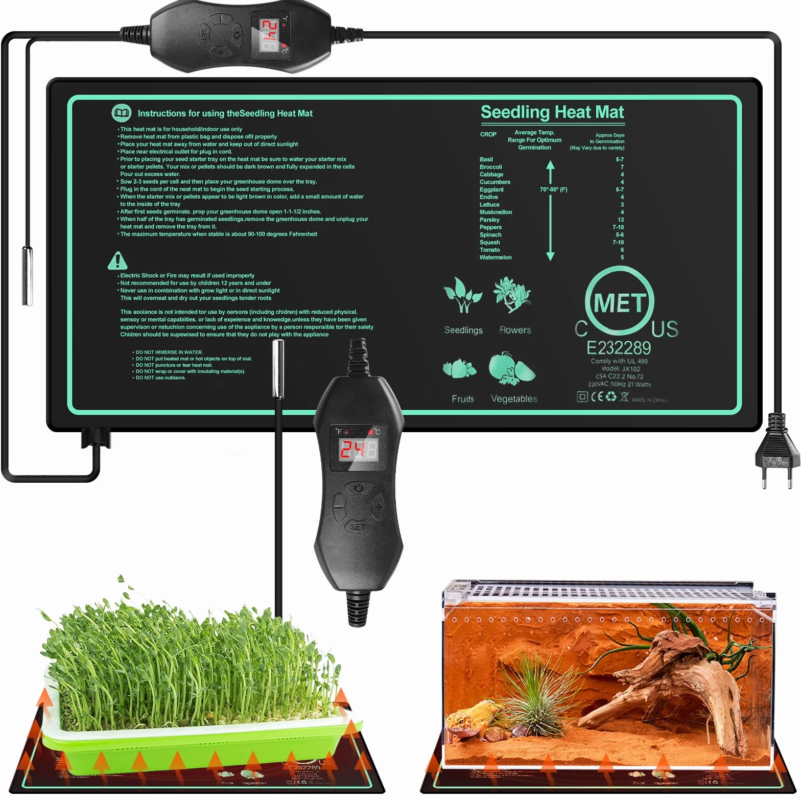 Estera calefactora para plantas con termostato: 10 x 20,75 pulgadas, estera térmica segura para plantas, 50 W, estera térmica duradera para plantas, invernadero de la habitación, estera térmica para