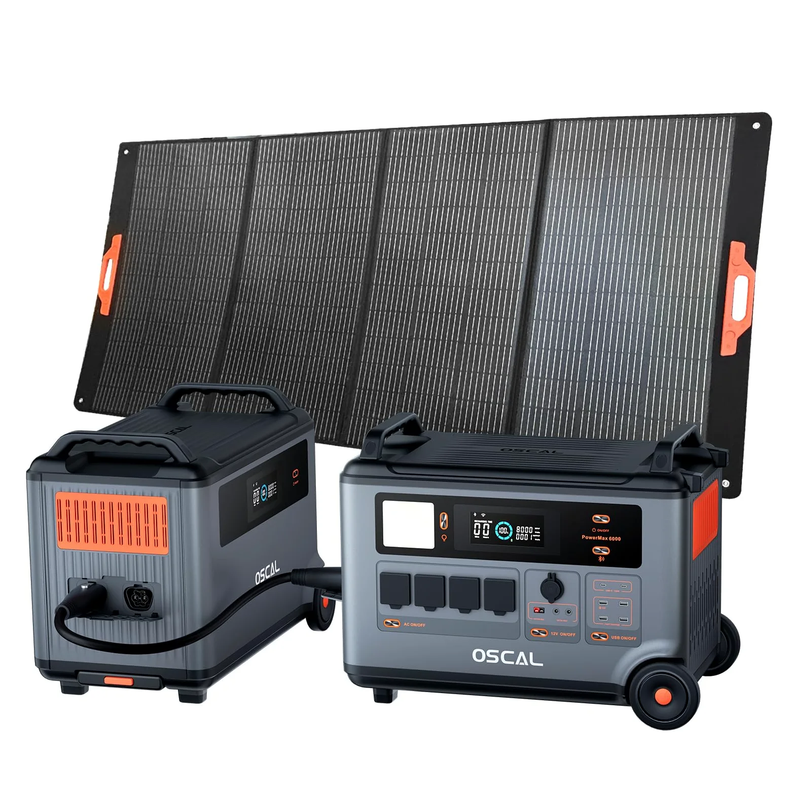 OSCAL Power Station PM6000+BP6000+PM400, 6000W Generador Solar Portátil, Batería LiFePO4 de 3600 WH, Incluye un Panel Solar de 400W y una batería Adicional de 3600 Wh.