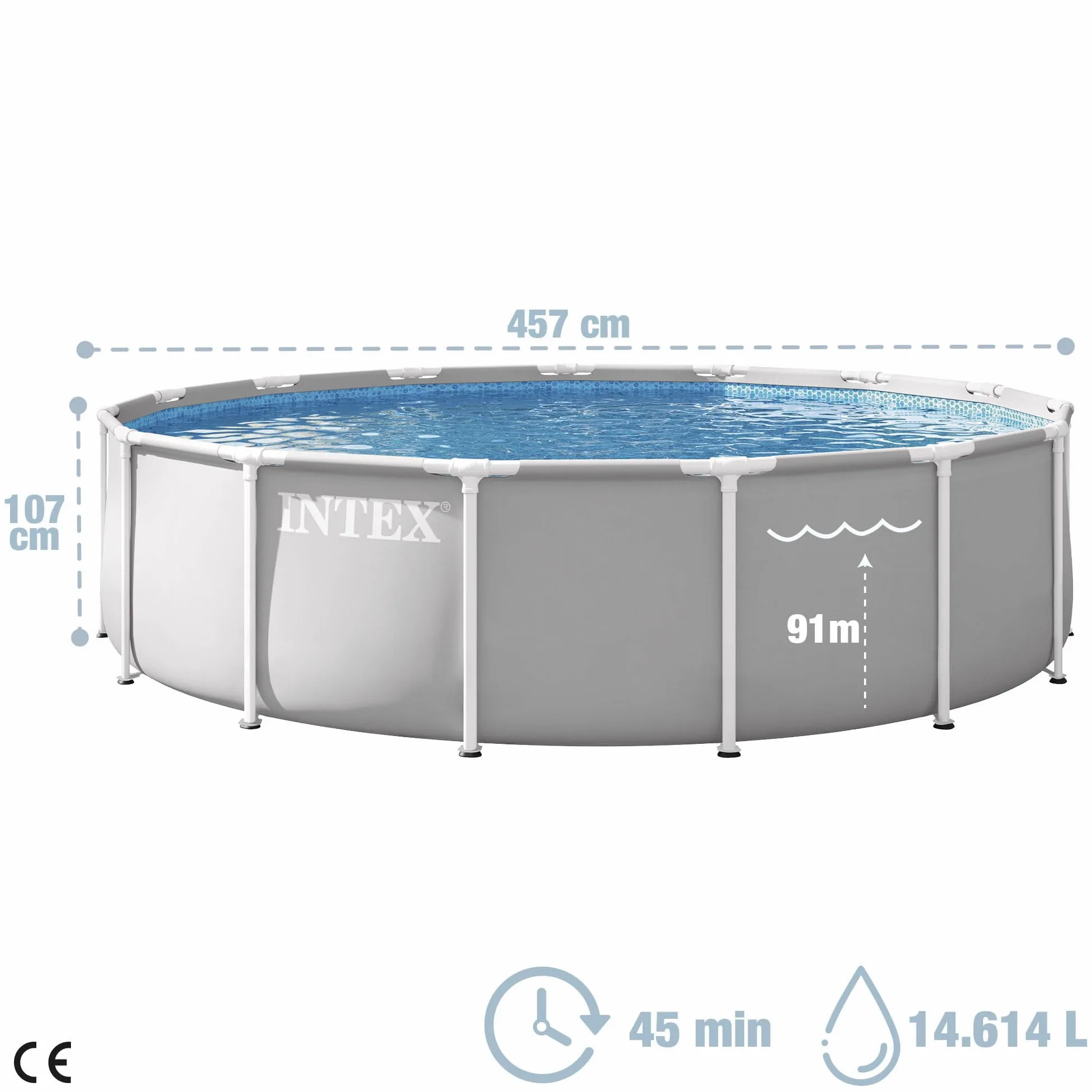 Intex - Piscina Desmontable, Gris, D457x107 cm, Capacidad para 14.614 litros, Escalera, Tapiz, Cobertor, Estructura metálica, Montaje 45 Minutos, Conexiones Ø32 mm (56084)