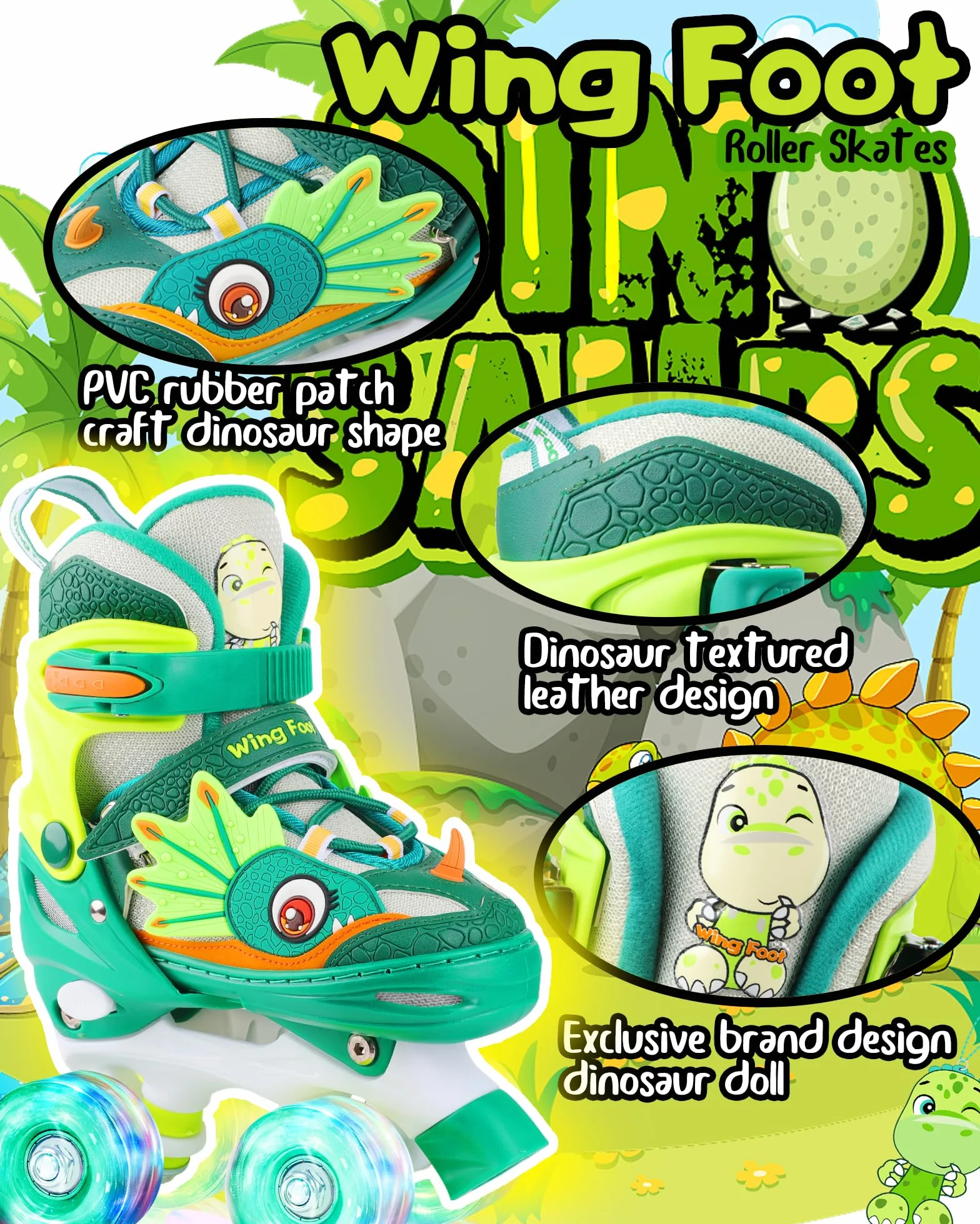 Patines para Niños Ajustables 4 Ruedas con Ruedas Luminosas Dinosaurio Quad Principiantes