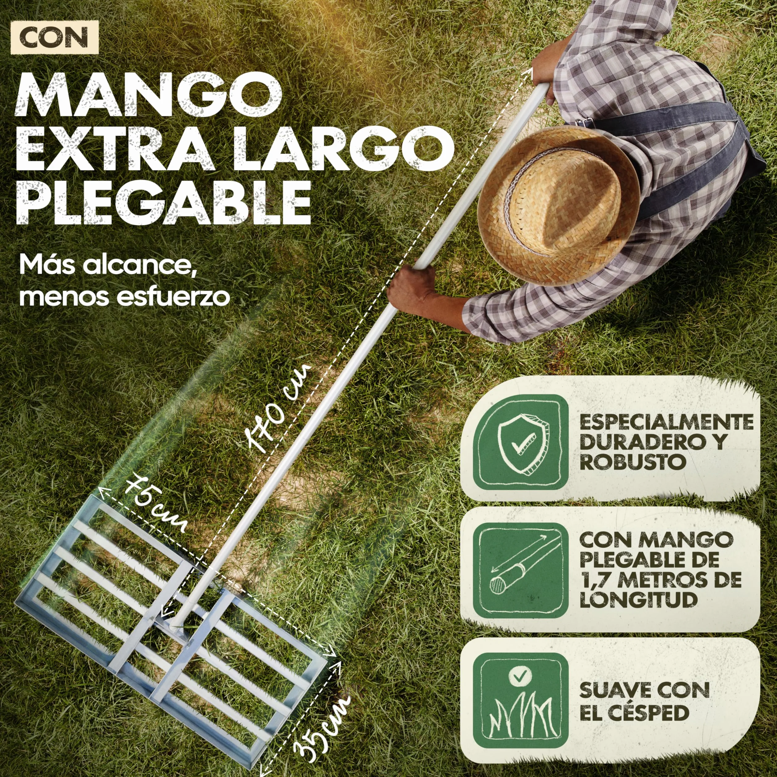 GARLINGO Rastrillo de césped | 75 x 35 cm | Incl. Mango METÁLICO de 1,7m | Rastrillo de césped para lijar el césped, nivelar la Arena del césped, aireador Nivelador de césped con rastrillo