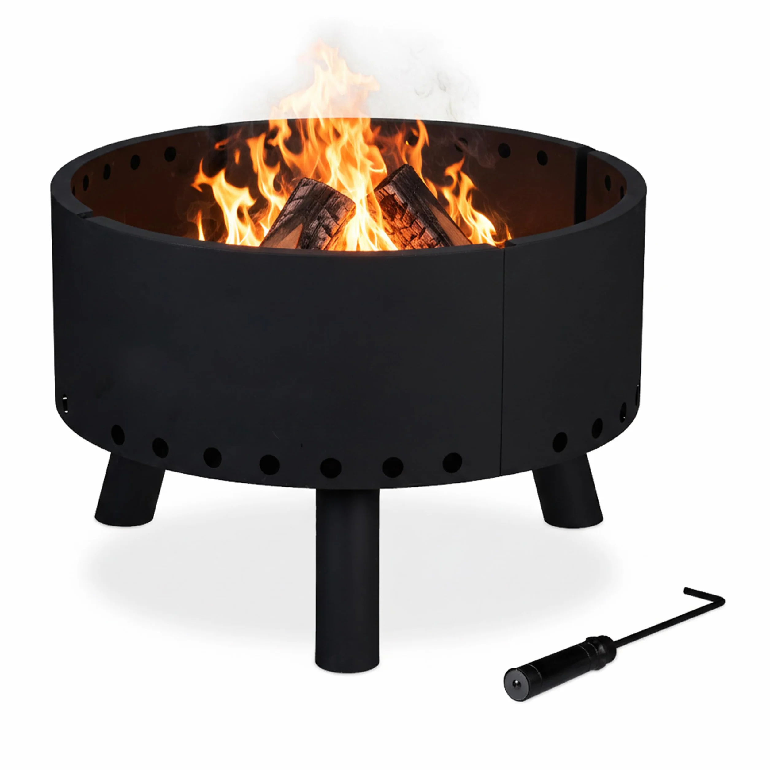 Relaxdays Brasero Exterior, Cuenco Fuego, Escudo Térmico, Borde Alto Protector, Atizador, Redondo, 40,5x58,5 cm, Negro
