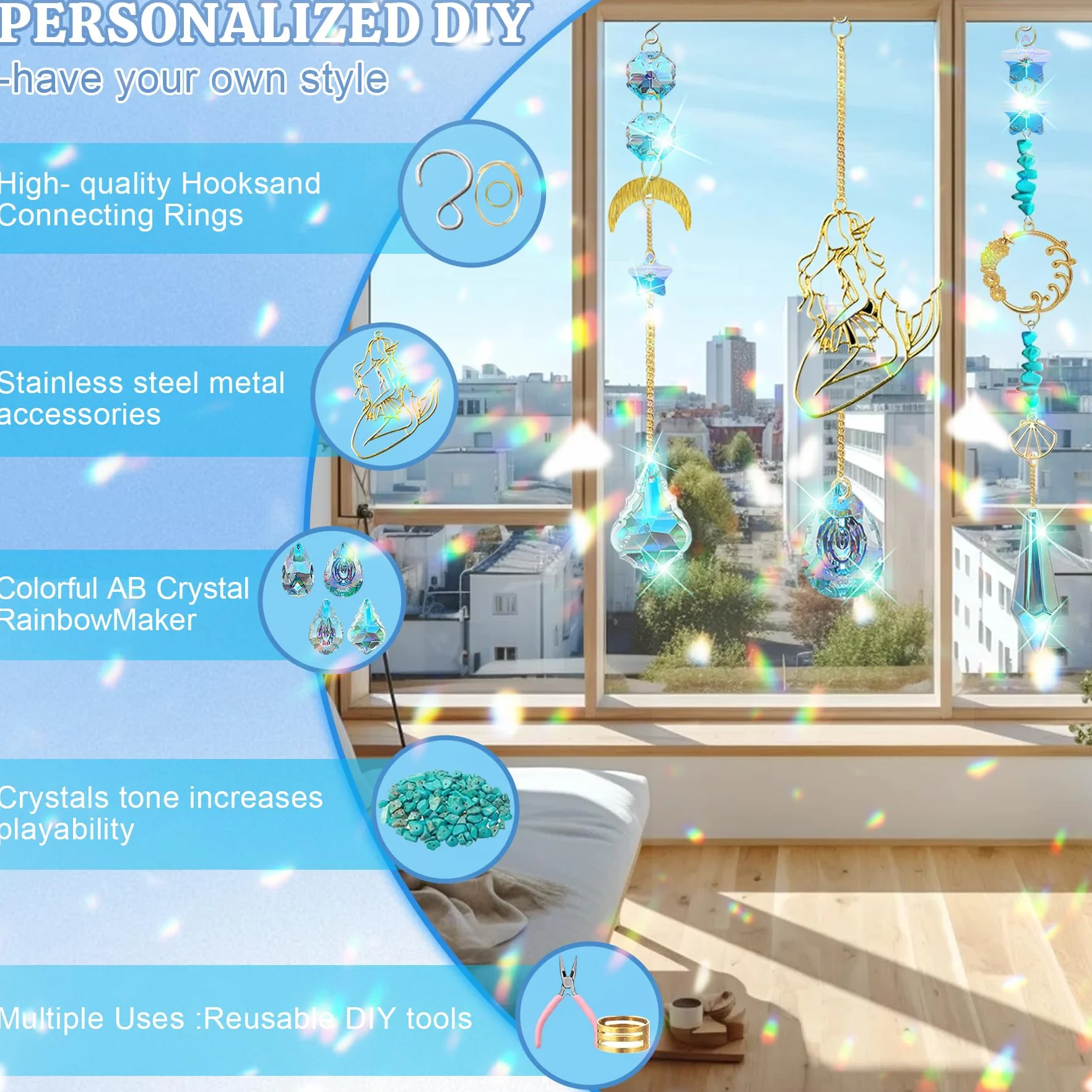 VEEKAY Atrapasoles Cristal Colgante,425 Piezas DIY Kits para Hacer atrapasoles,DIY Bola de Cristal Prisma con Cuentas/Cadenas/Anillos,Colgante de Cristal Arcoíris para Ventana Jardin Fiesta Decor