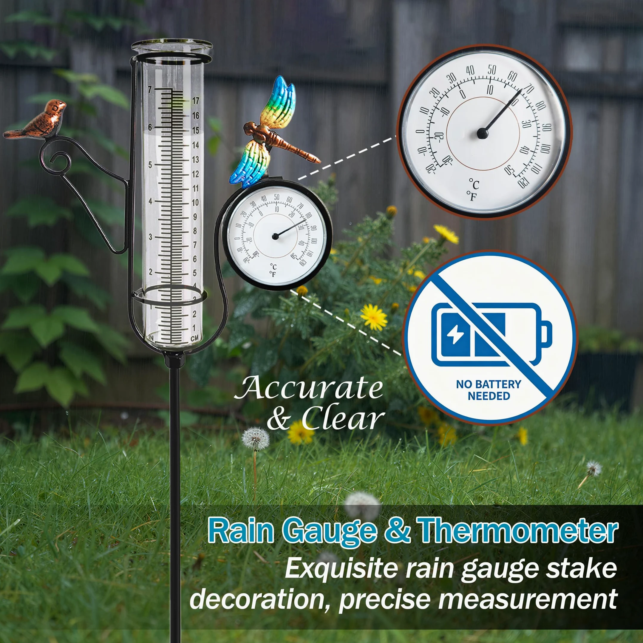 Bird & Dragonfly Art - Medidor de Lluvia para Exteriores, con termómetro de Calibre de 27 Pulgadas, Marco de Metal, medidores precisos al Aire Libre, números Grandes, Adecuado para jardín