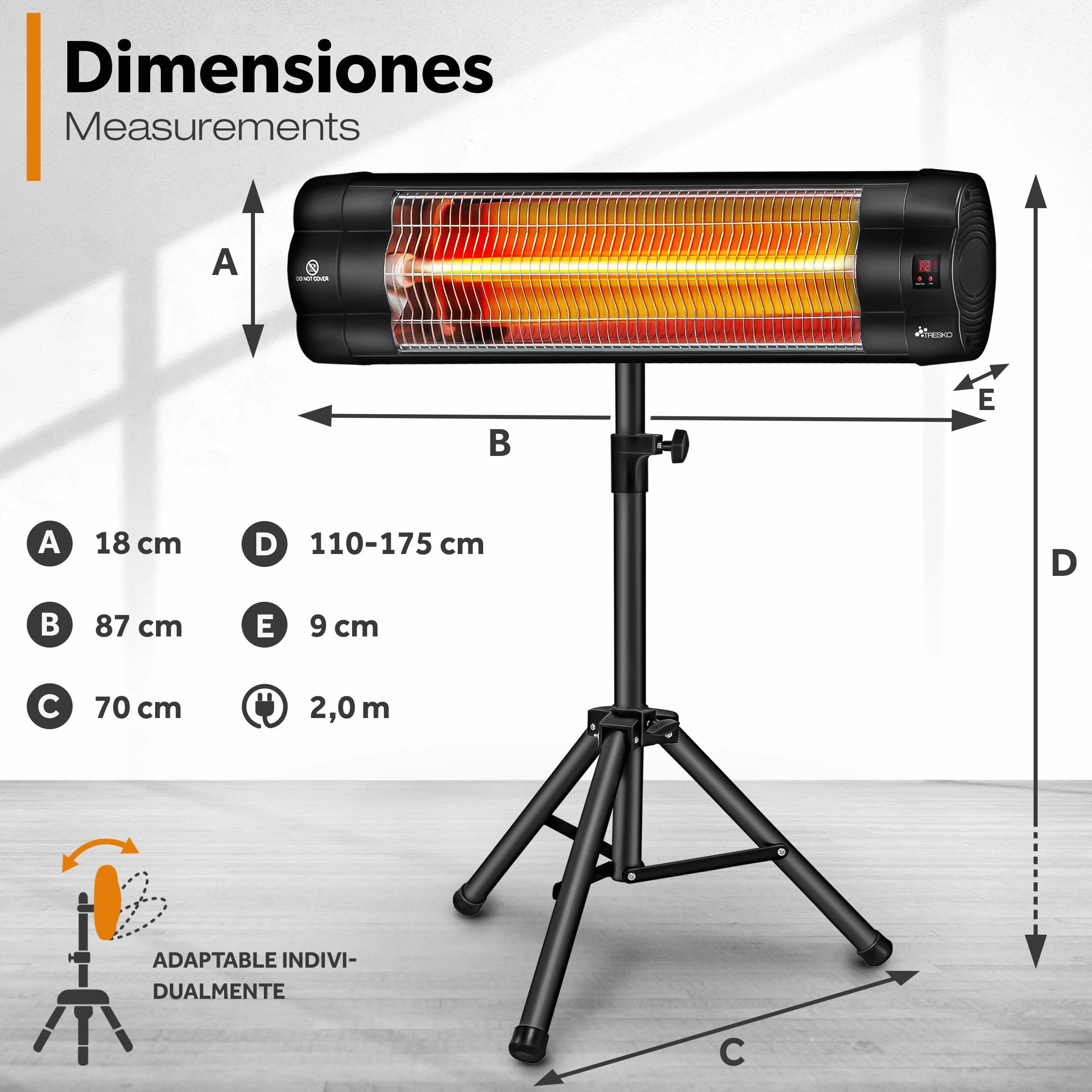TRESKO Calefactor por Infrarrojos 2500W Control Remoto Estufa Radiante 3 Temperaturas Radiador Eléctrico Exterior Interior Calentador Altura Regulable Negro