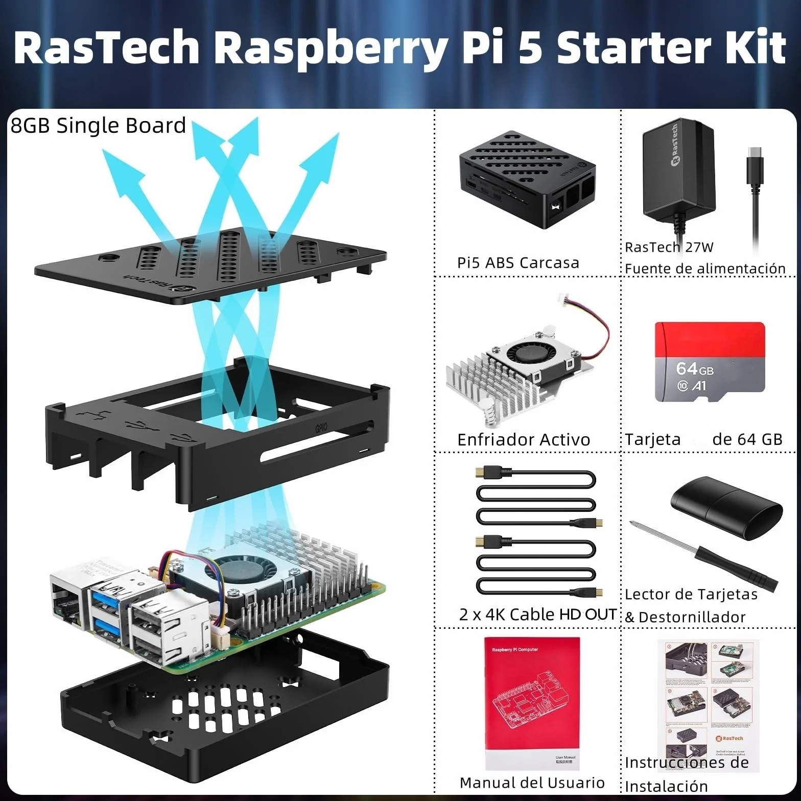 RasTech Raspberry Pi 5 8GB Kit 64GB con Active Cooler, Fuente 27W USB-C, Carcasa Pi 5