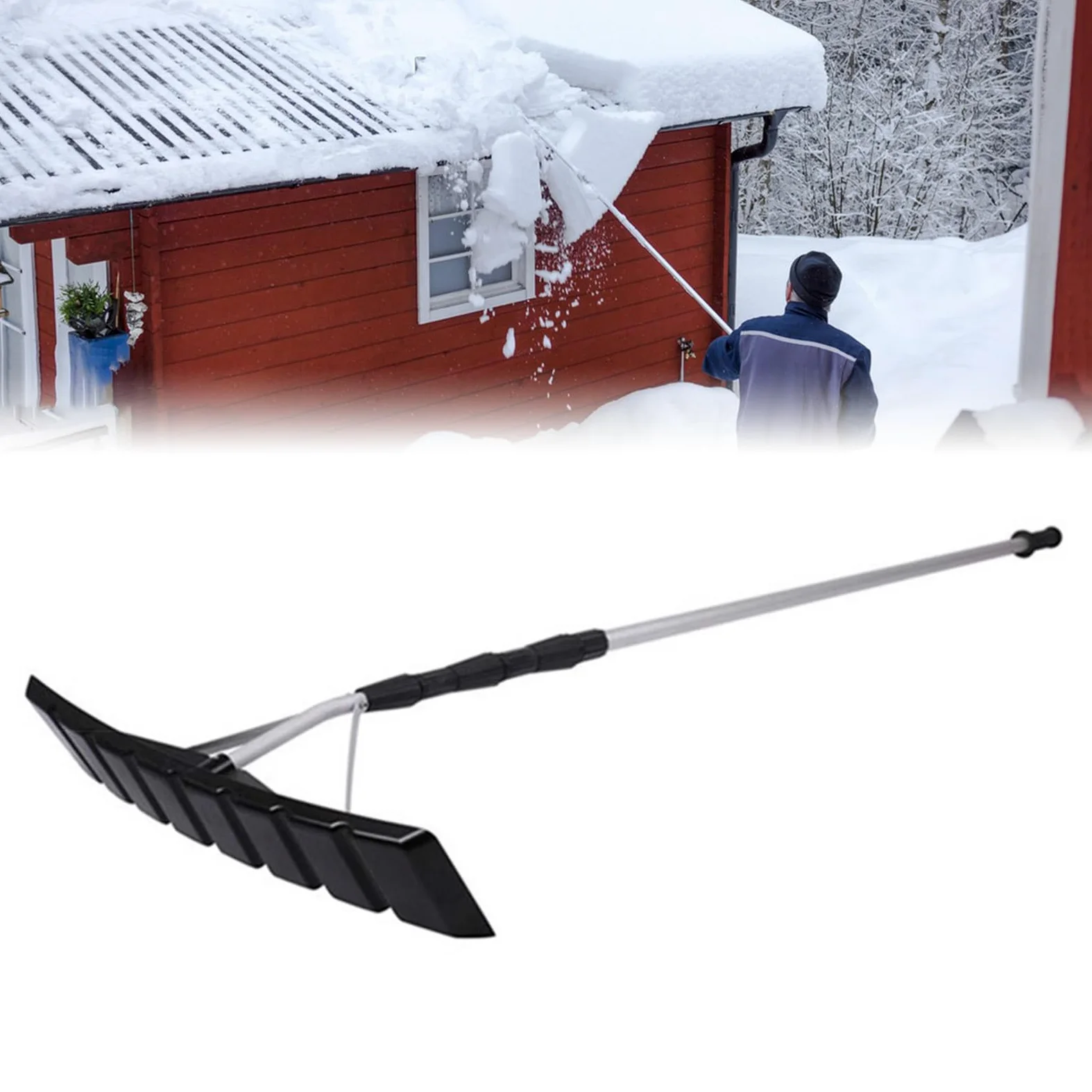 Herramienta de limpieza para quitar rastrillos de techo de nieve, pala raspadora de nieve de 6 a 21 pies para techos inclinados de cedro, coche, casa de rancho deja escombros, poste ligero