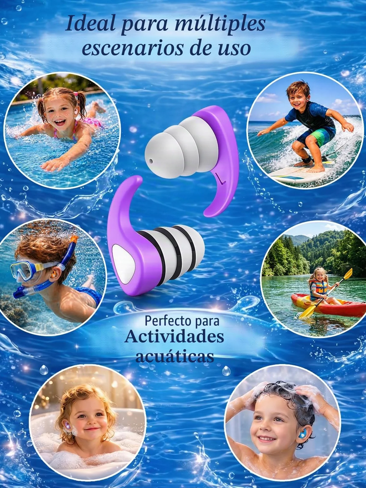 Tapones Oídos Natación para Niños 3 Pares Silicona Reutilizables Protección Ducharse Nadar Bañarse 3-10 Años