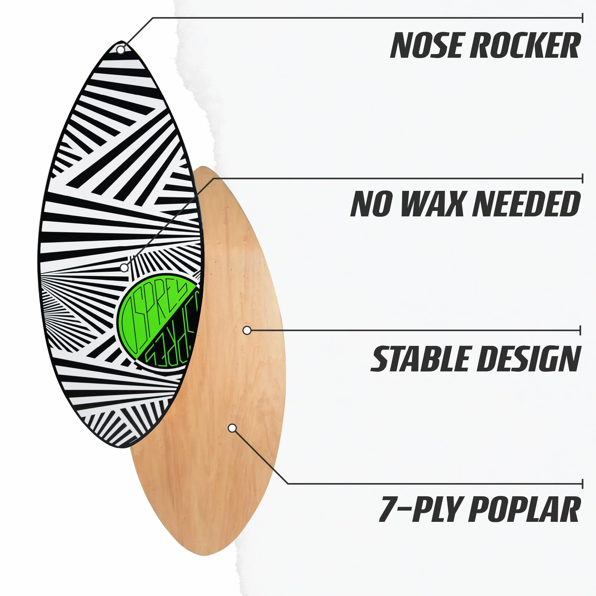 Osprey Surf Skimboard 41 Inch Pintail Beginner Skim Board 7 Ply Wood Construction