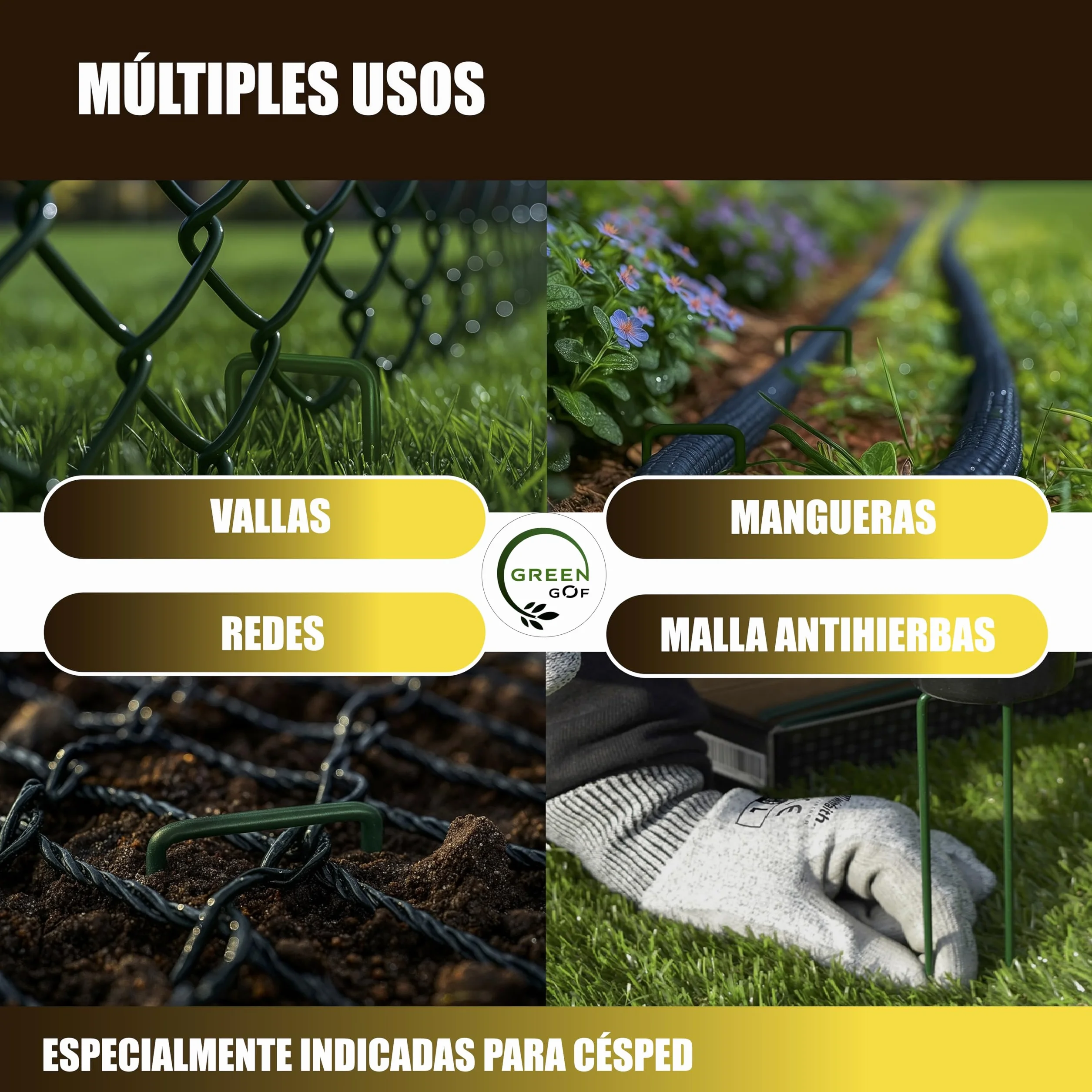 GREENGOF Grapas Verdes para Cesped Artificial, Malla Antihierba y Jardin, 100Unds - Acero Galvanizado, 15x4cm, Ø3mm - Ultra Resistentes y Anticorrosivas - Piquetas de Jardín, Anclaje al Suelo.