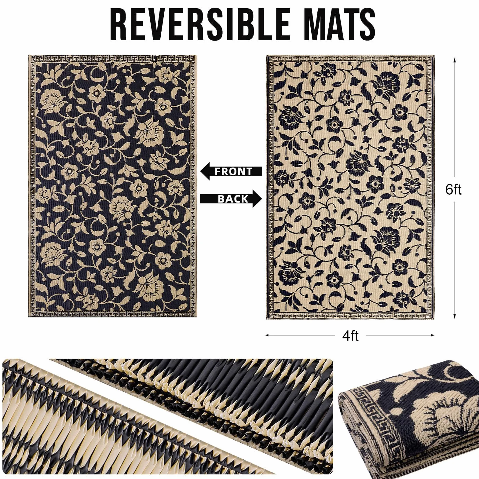 smiry Alfombra de jardín impermeable para exteriores, resistente a los rayos UV, alfombra reversible de paja de plástico para balcón, camping, picnic, patio trasero, 120 x 180 cm, negro y beige, flor