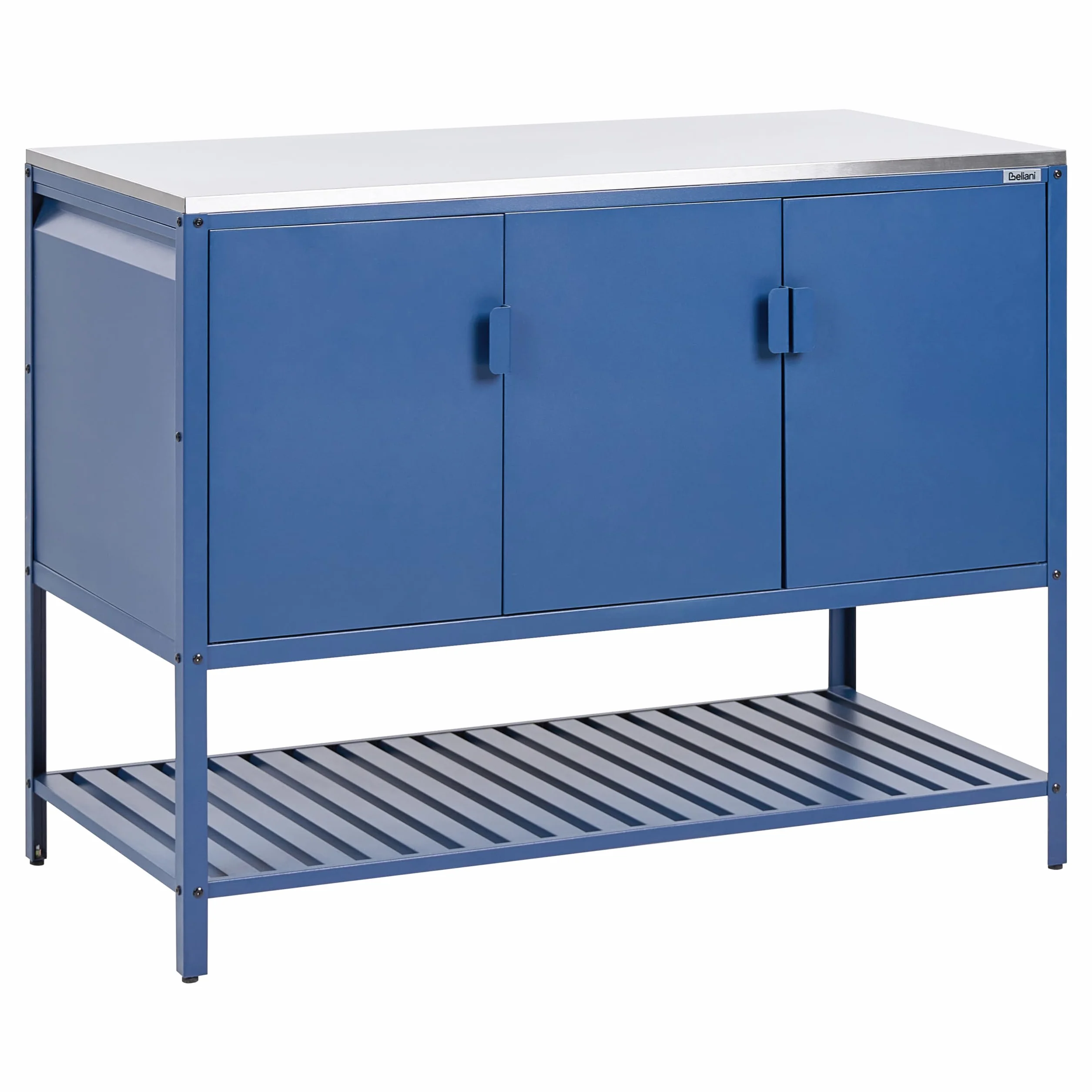 Beliani Conjunto de Armario de Cocina y Mesa de Bar para Exterior de Acero 3 Puertas encimera de Acero Inoxidable jardín Azul Maenza