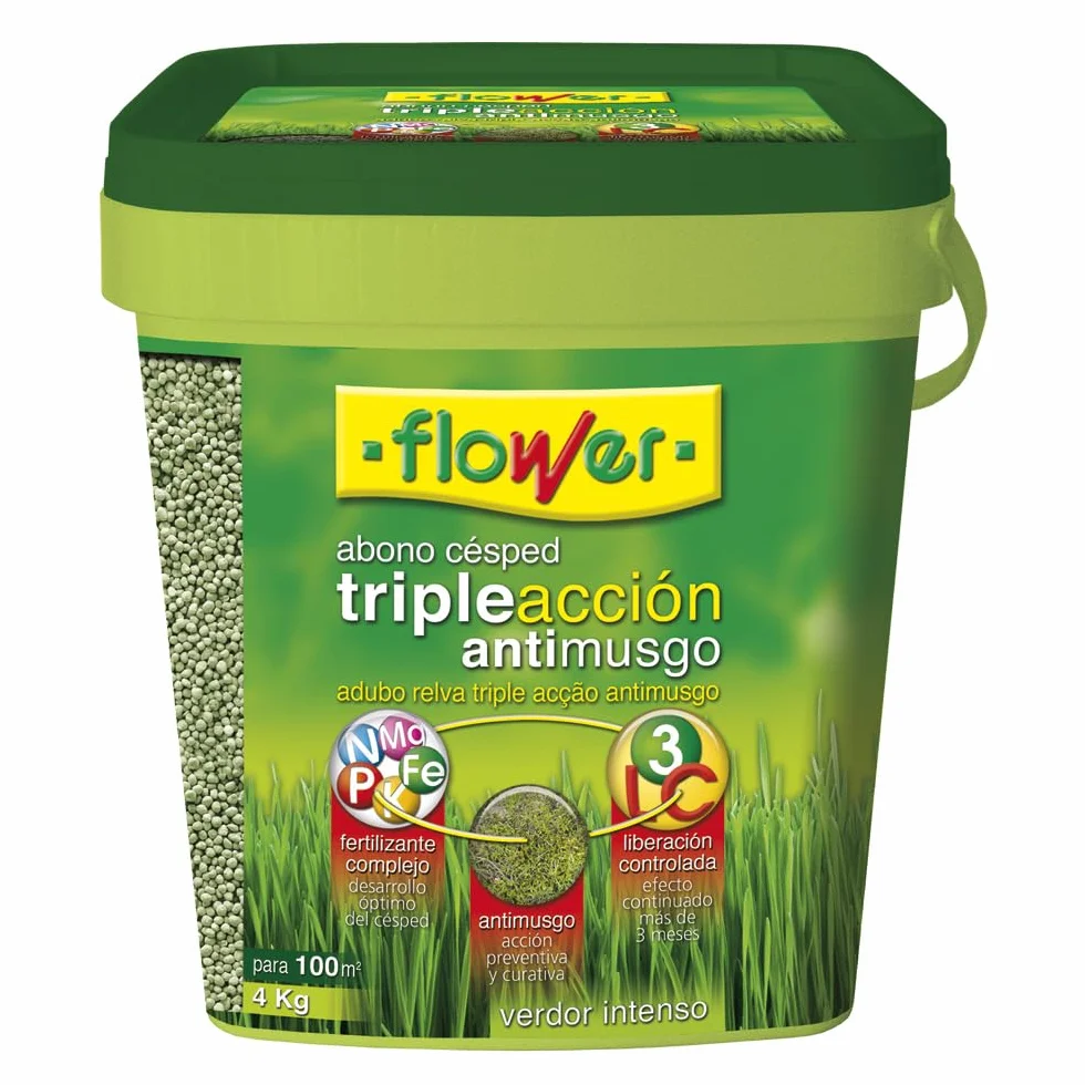 Flower - Abono Césped Triple Acción 4kg | Fertilizante Complejo Anti-Musgo | Efecto Prolongado Más de 3 Meses | Para 100m2, No Aplica Color, 20x20x20.7 cm, Material Abono