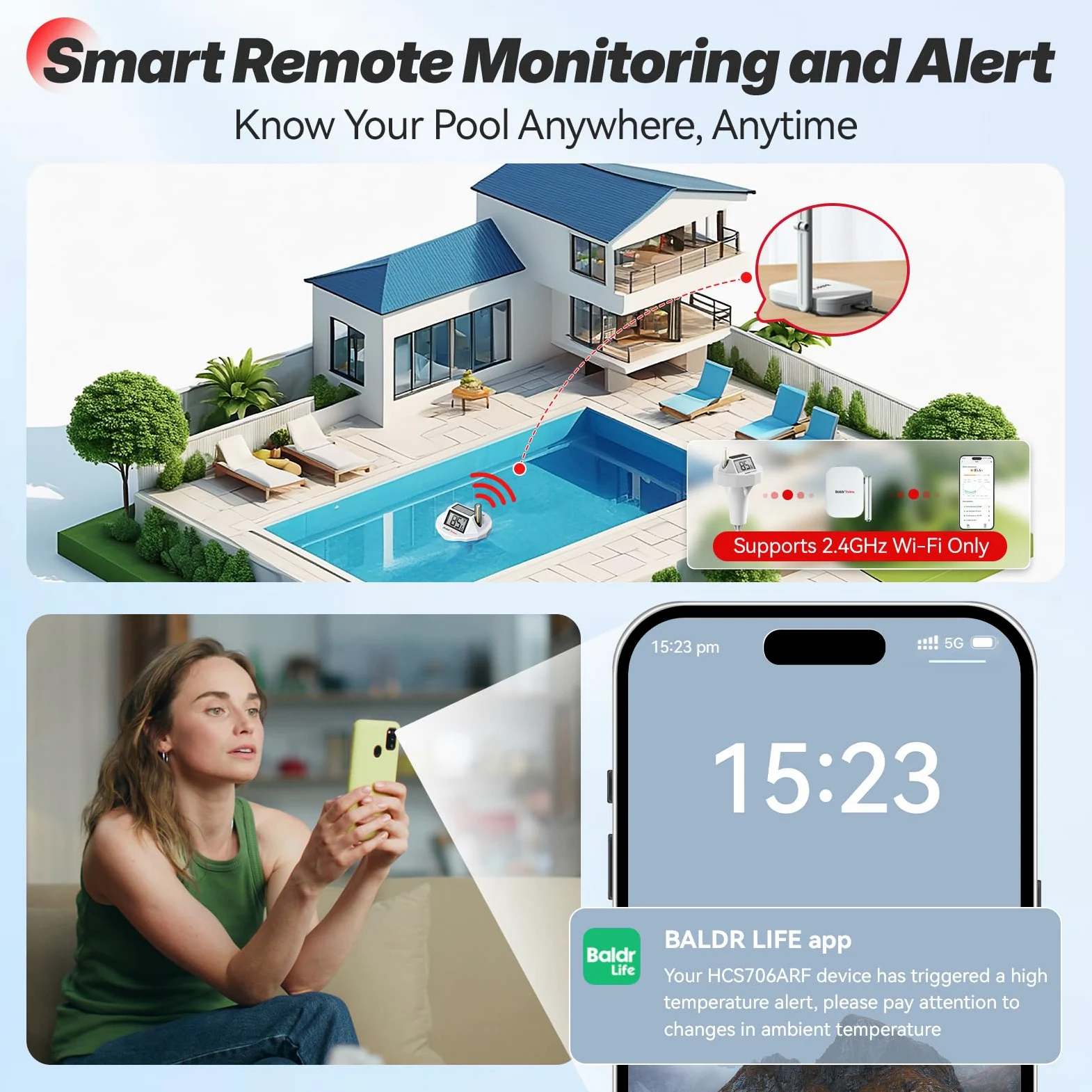 BaldrTherm Termómetro de piscina inteligente Wi-Fi, impermeable IPX8, monitor de temperatura del agua digital flotante con aplicación, fácil lectura y notificaciones de alerta para estanques, jacuzzi