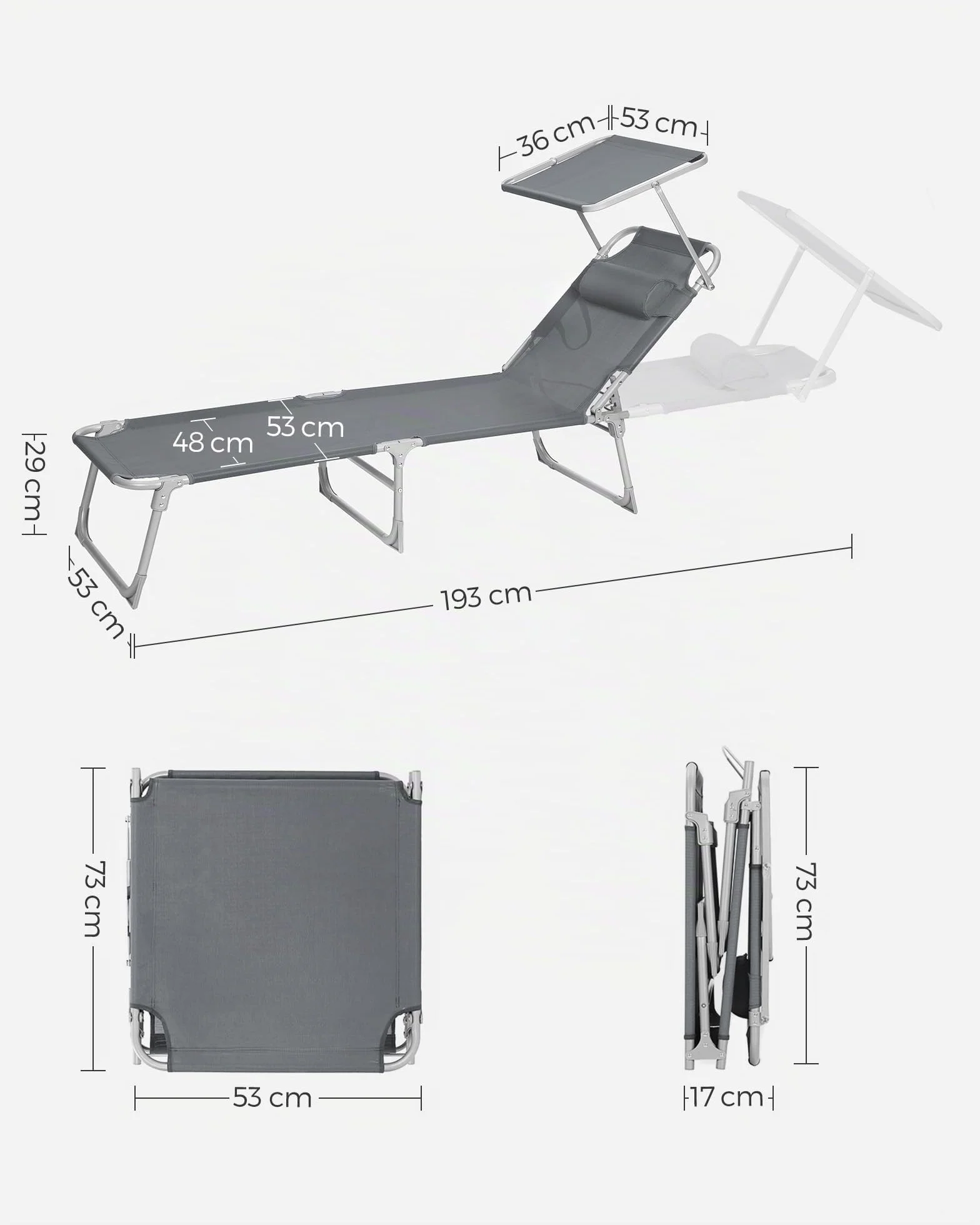 SONGMICS Tumbona, Tumbona Reclinable, 193 x 53 x 29 cm,Carga de 150 kg, con Reposacabezas de Protección Solar y Respaldo Reclinable, para Terraza, Piscina, Jardín, Gris Oscuro GCB19UV1