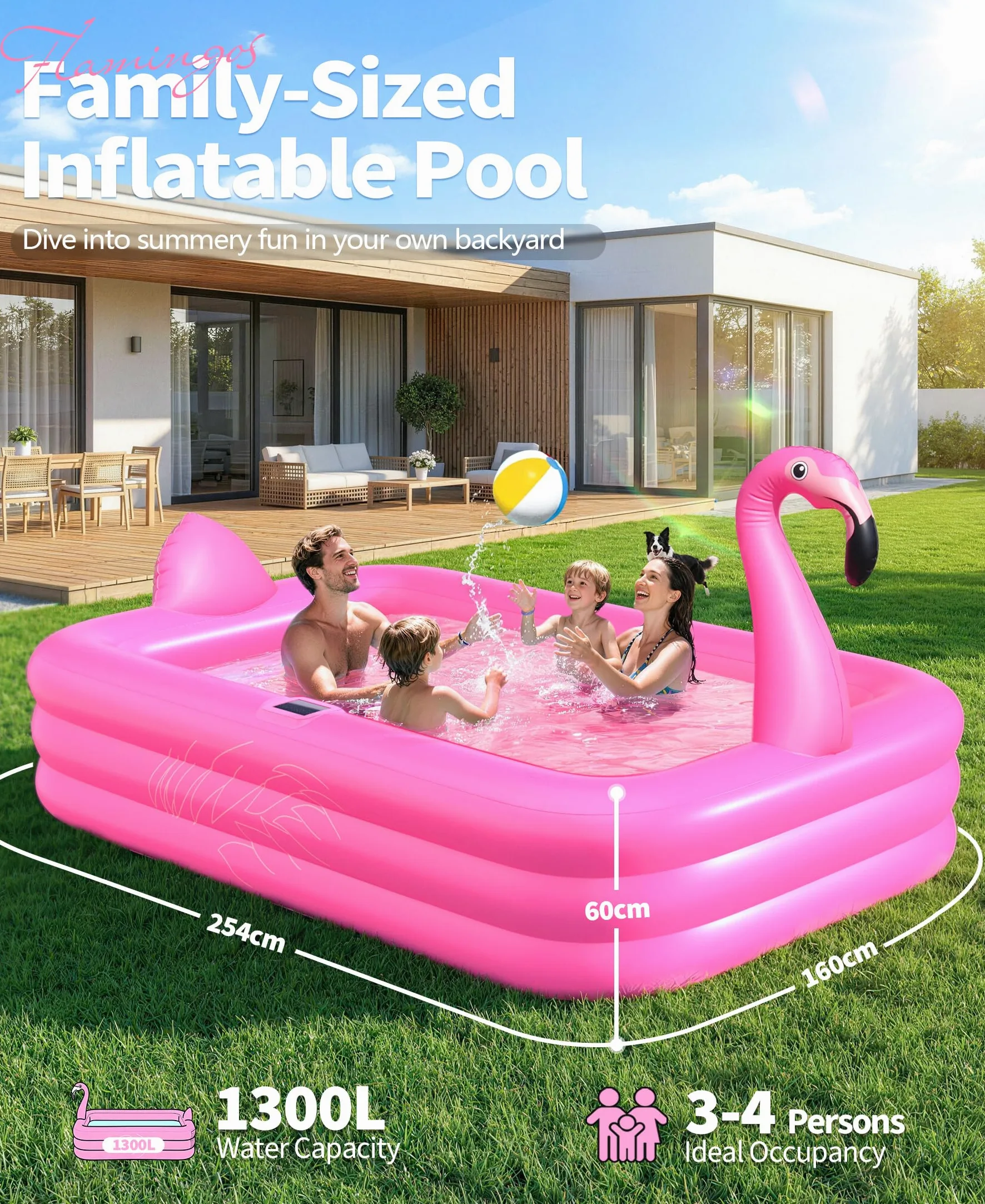 PoolLeader Flamenco Piscina Hinchable Rectangular 254x160x50cm con Luces Solar PVC Grueso