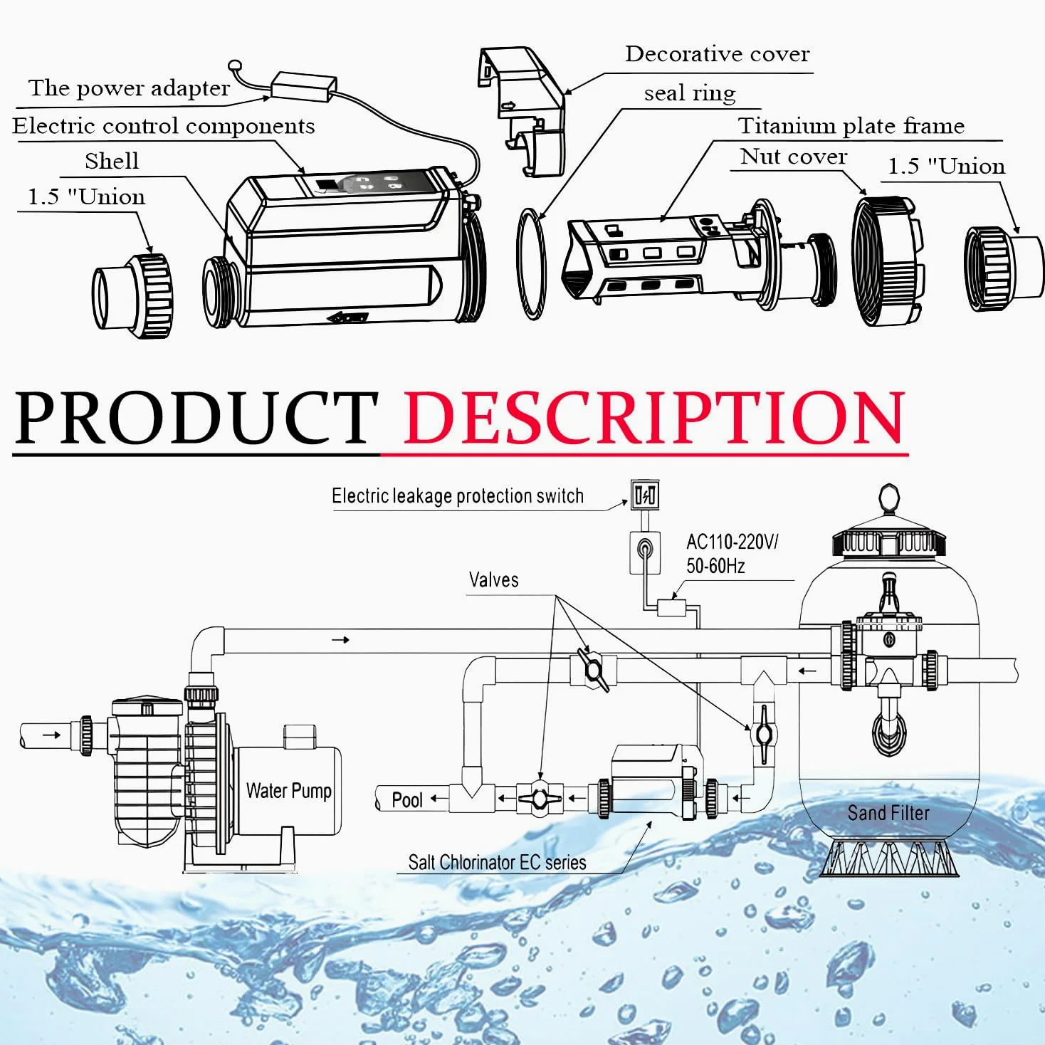 Clorador de Sal para Piscinas, Dispositivo automático de cloración de Agua Salada de 8/12/16/20 g/h. Reduce la irritación ajustando los Niveles de salinidad y Cloro del Agua. 12g