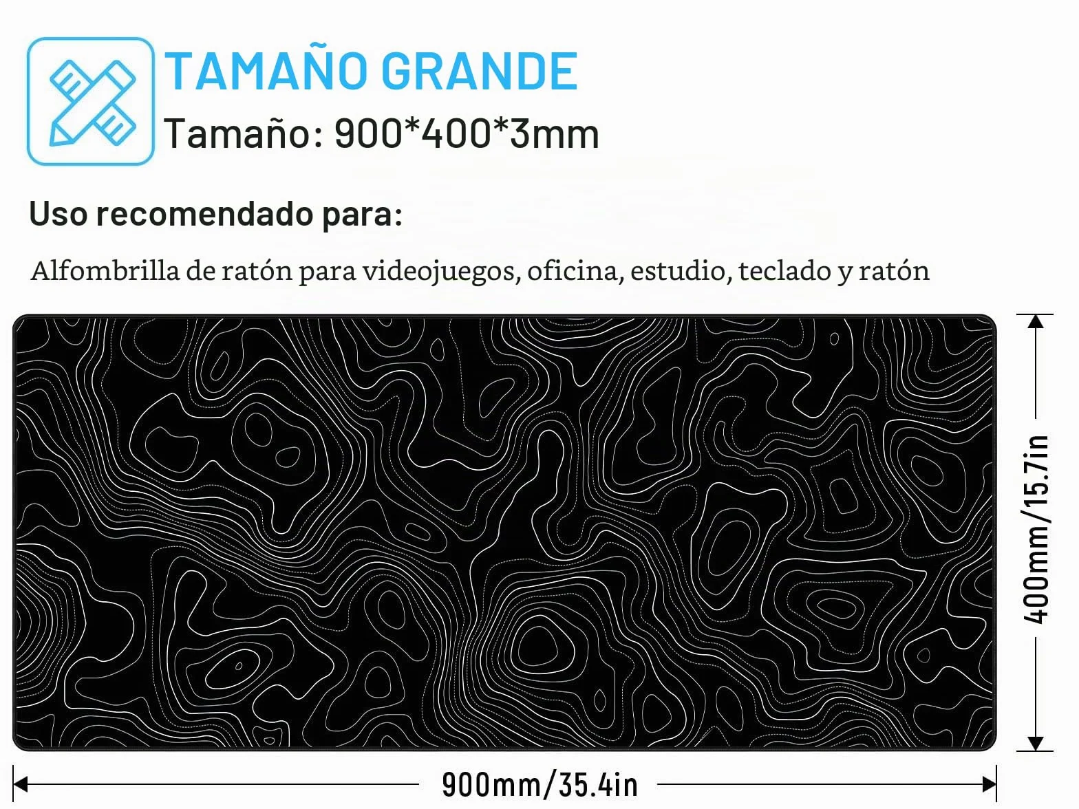 JIALONG Alfombrilla Raton Gaming Grande XXL 900x400mm Lavable Base Caucho Topografía Negra