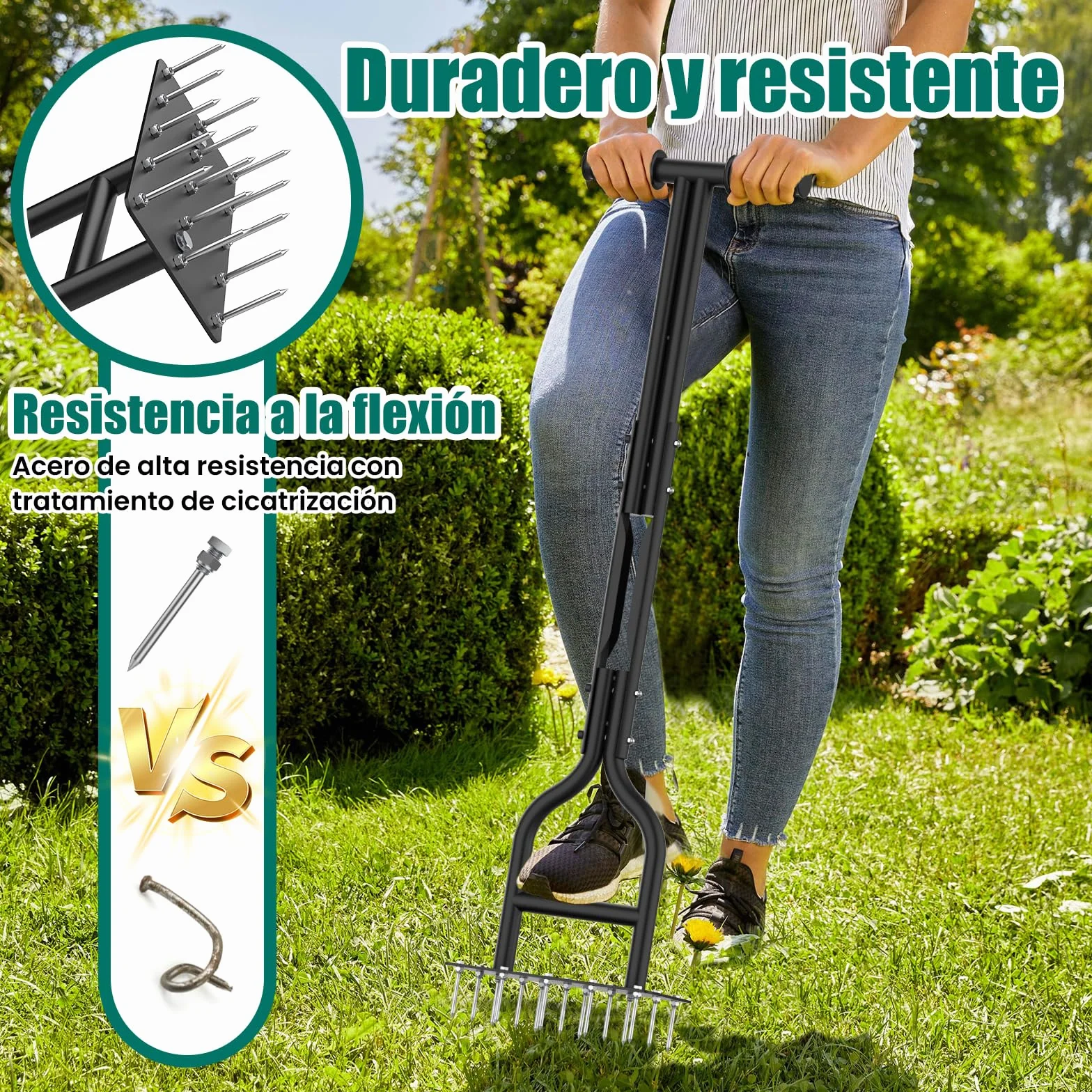 HYCHIKA Aireador Cesped para Cuidado de Suelo y Césped, 15 Pinchos de Acero Macizo, Mango en Forma de T, Escarificador de Cesped Herramientas hortícolas