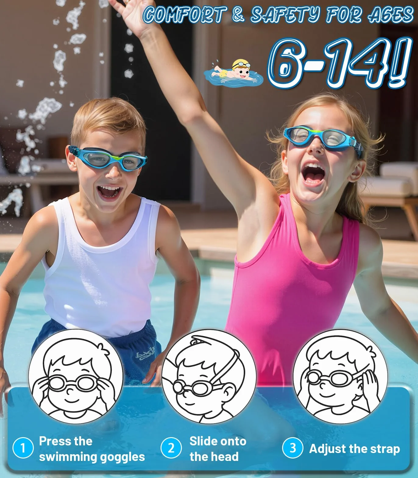 Gafas de Natación para Niños Antivaho Protección UV Ajustable Suave 6-14 Años