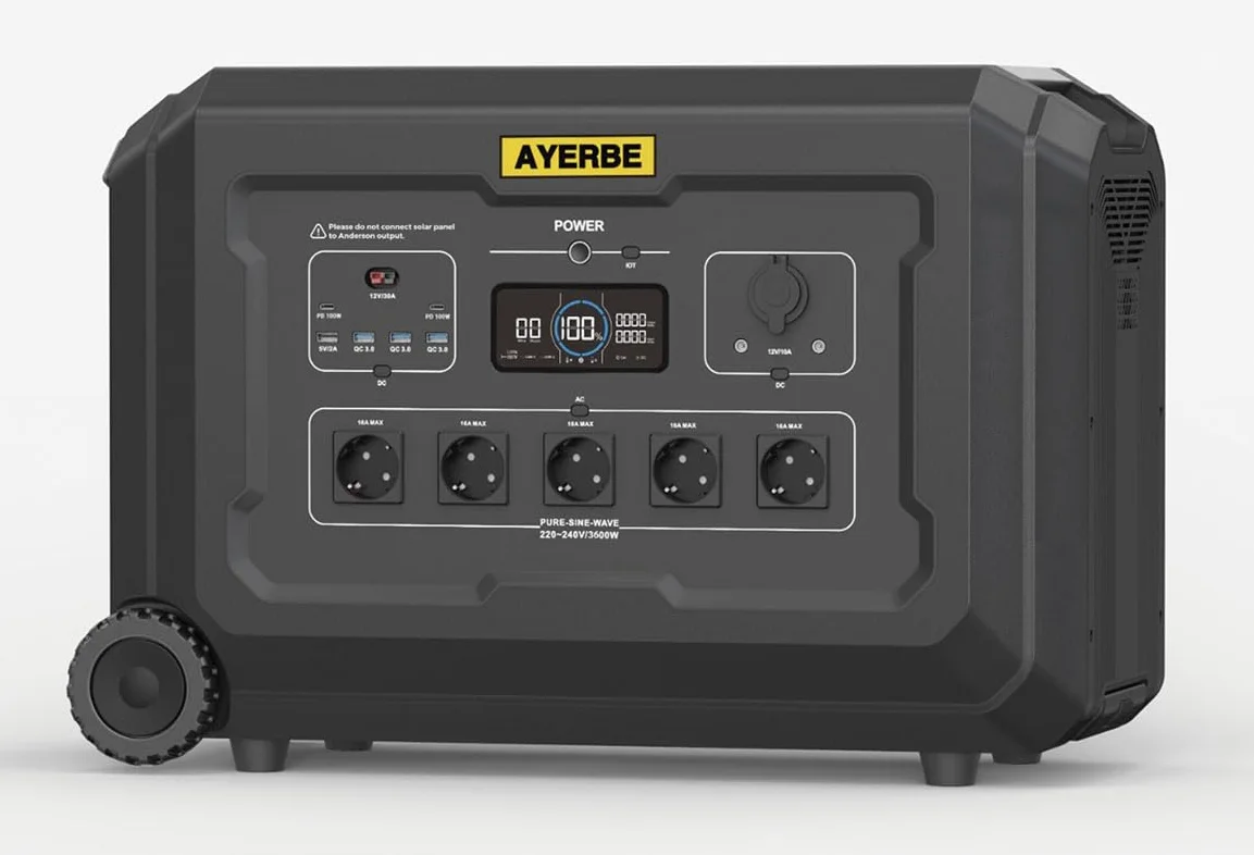 Estación de Energía AY-3072 Wh / 3600 W con Batería LiFePO4, Salida AC 3600 W, USB-C 100 W, Recarga Solar 2100 W y Red Eléctrica, para Uso Profesional y Emergencias